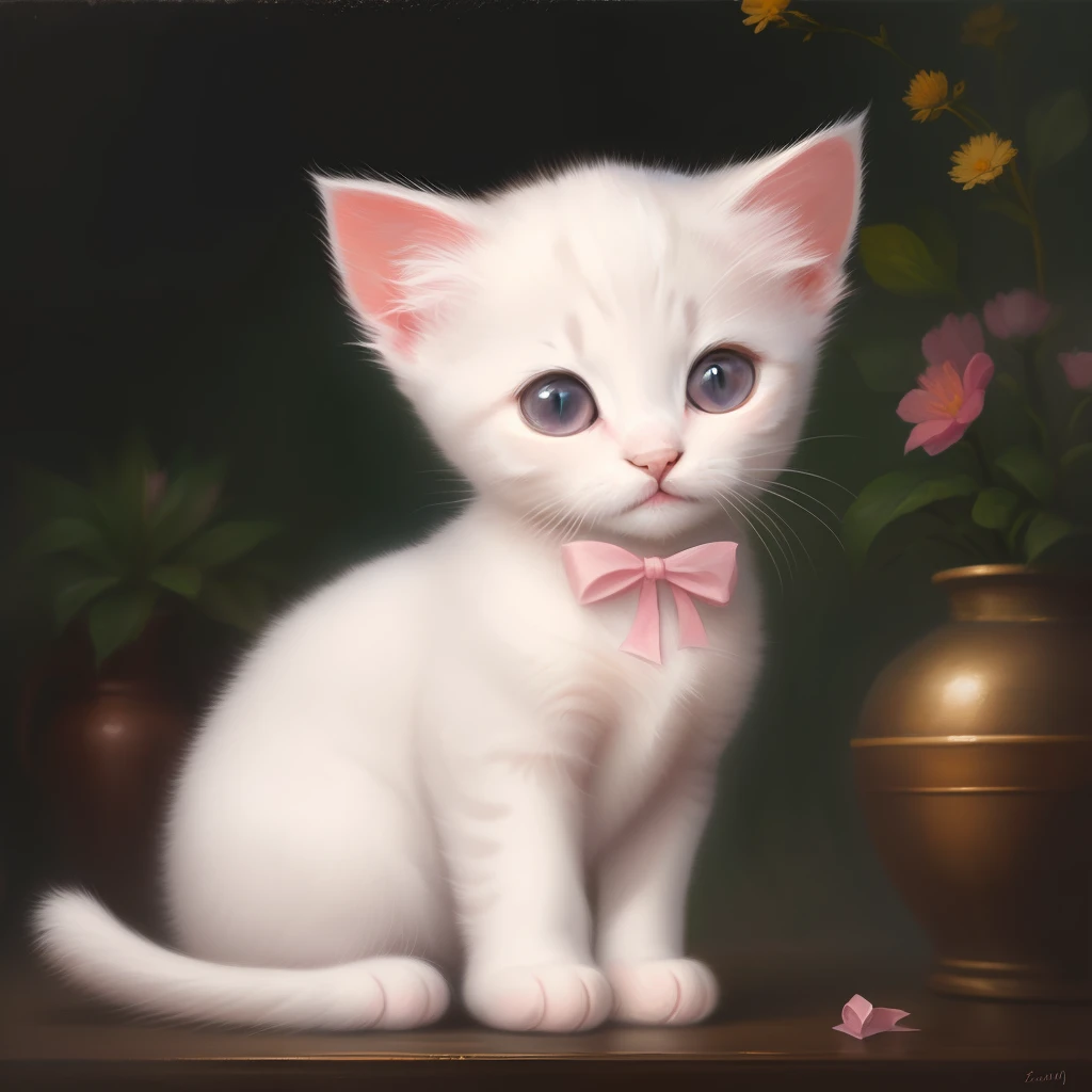 white kitten with pink ribbons on its ears oil painting