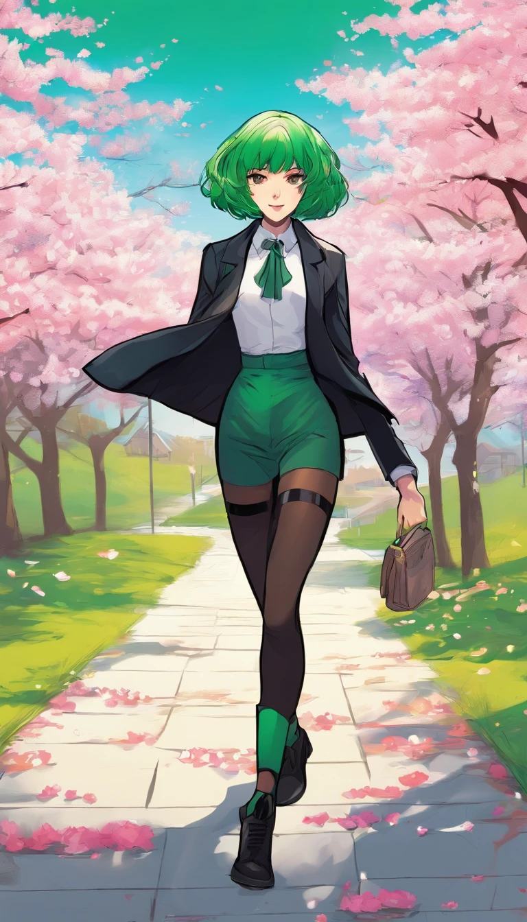 An anime girl with short green hair in a strict black suit runs along a path in a park where cherry blossoms are blooming