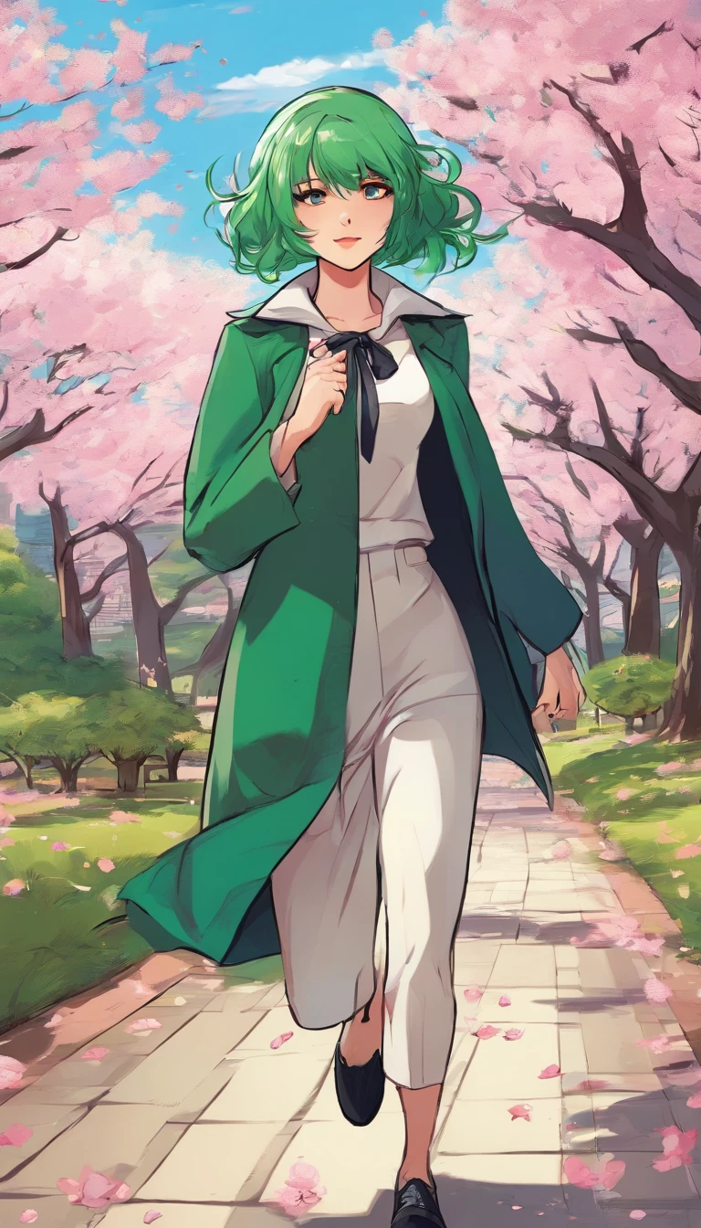 An anime girl with short green hair in a strict black suit runs along a path in a park where cherry blossoms are blooming
