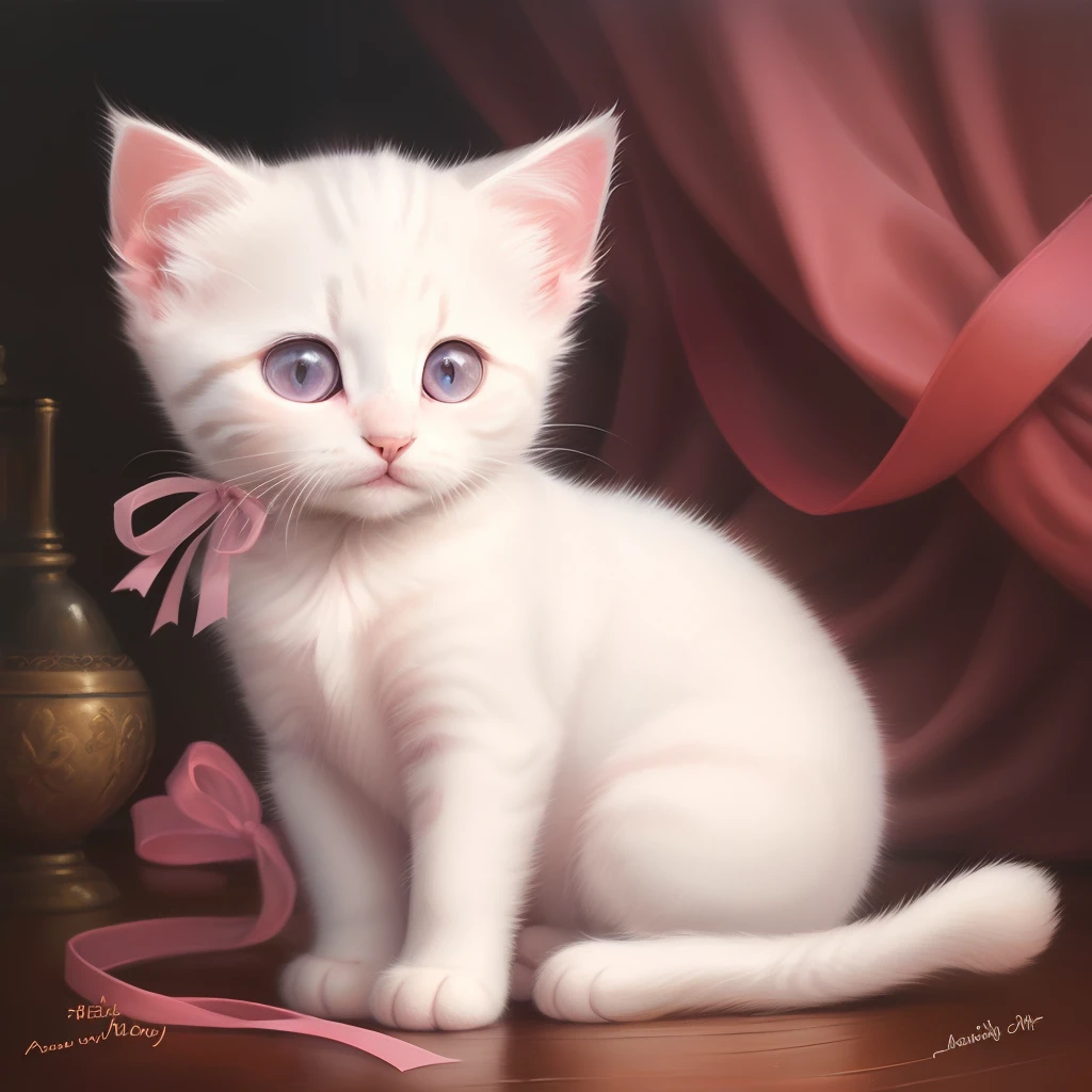 white kitten with pink ribbons on its ears oil painting