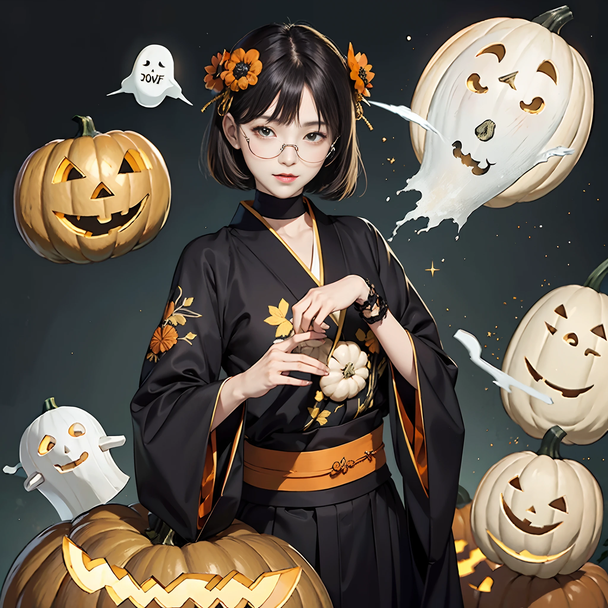 Background of details(Exploding Cities,halloween night),BREAK ,elaborate costume(Luxury kimono(Black kimono(detailed embroidery(blanche,golds)))),BREAK,(1 Beautiful and classy adult woman(Shy smile:1.2)(Japanese actressl:1.2)(A dark-haired(short-hair:1.2))),(eye glass:1.2),((magia(Pumpkin in the right hand)(Ghost on the left hand)Summon):1.5),BREAK,Wallpapers 16K,Blur the background,)(masutepiece,Best Quality,Portrait photos):1.5),full body Esbian