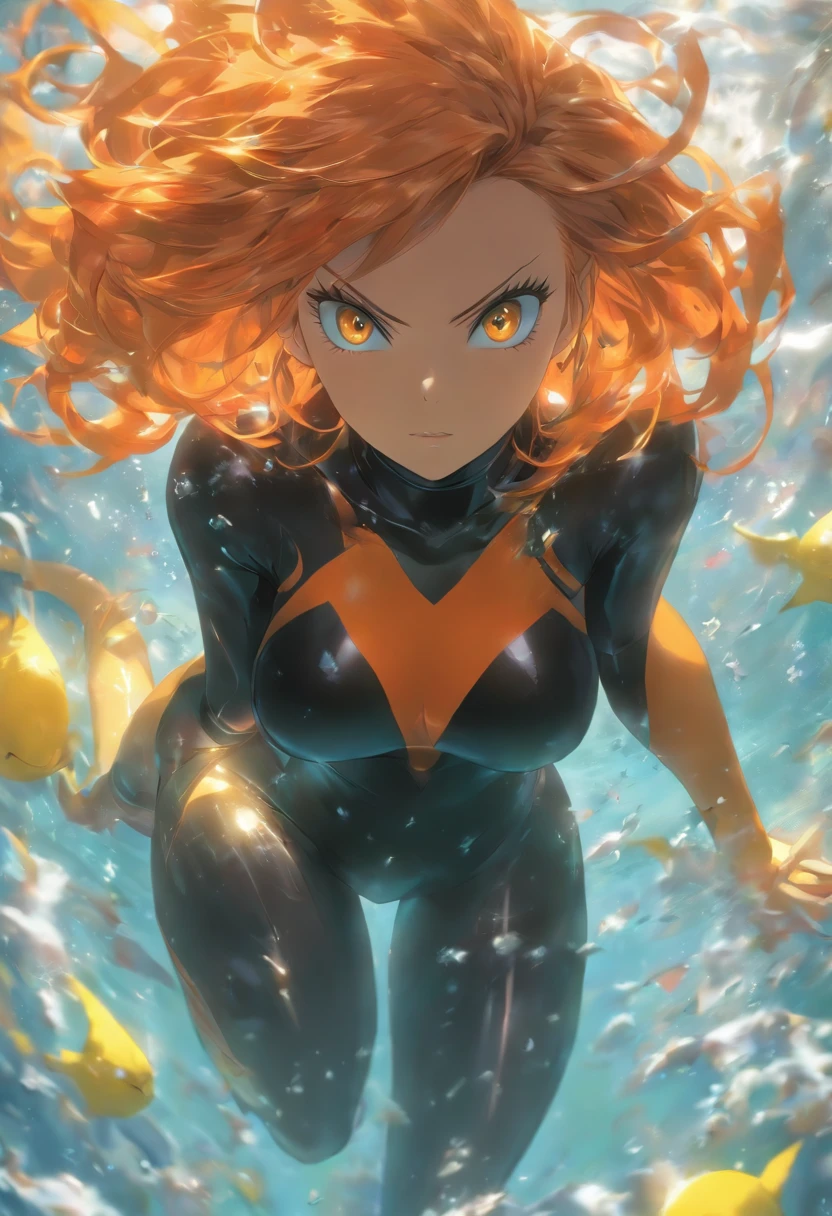 1 female、Orange hair、Colossal tits、Big ass、Black catsuit、yellow eyes、Large, thick thighs、a short bob、wide hips、pantyhose、under the water