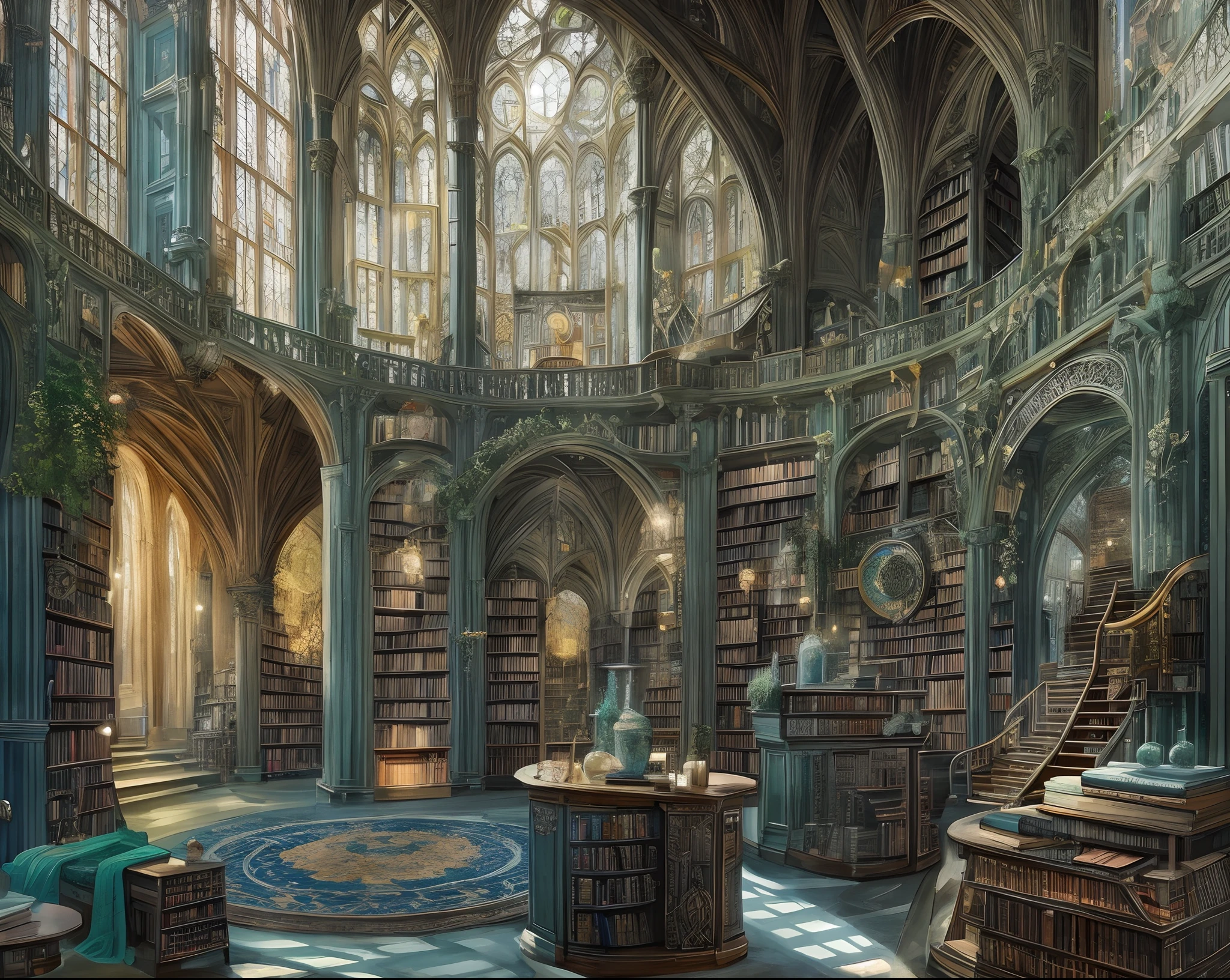 Ein Bild, taken from inside a room with a large window, Gotisches Epos Bibliothekskonzept, Gotische Epische Bibliothek, Bibliothek der Ruinen-Konzeptzeichnungen, Hintergrund der Alchemistenbibliothek, Fantasy-Alchemisten-Labor, Gotische Bibliothek, Hochdetaillierte Konzeptzeichnungen, Wizards-Labor, Atmosphärisches Fantasy-Setting, Antike Bibliothek, Fantasy Vendor Interieur, Magische Bibliothek, Fantasy und Konzeptkunst, Detaillierte 4K-Konzeptzeichnungen