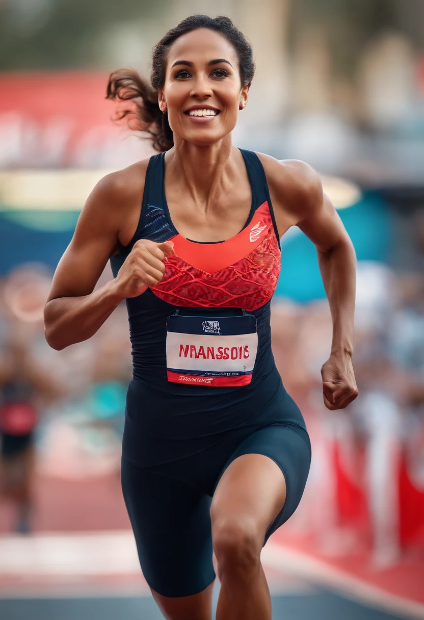 Generate an image of the woman achieving a personal goal, How to cross the finish line of a marathon or start your own business.