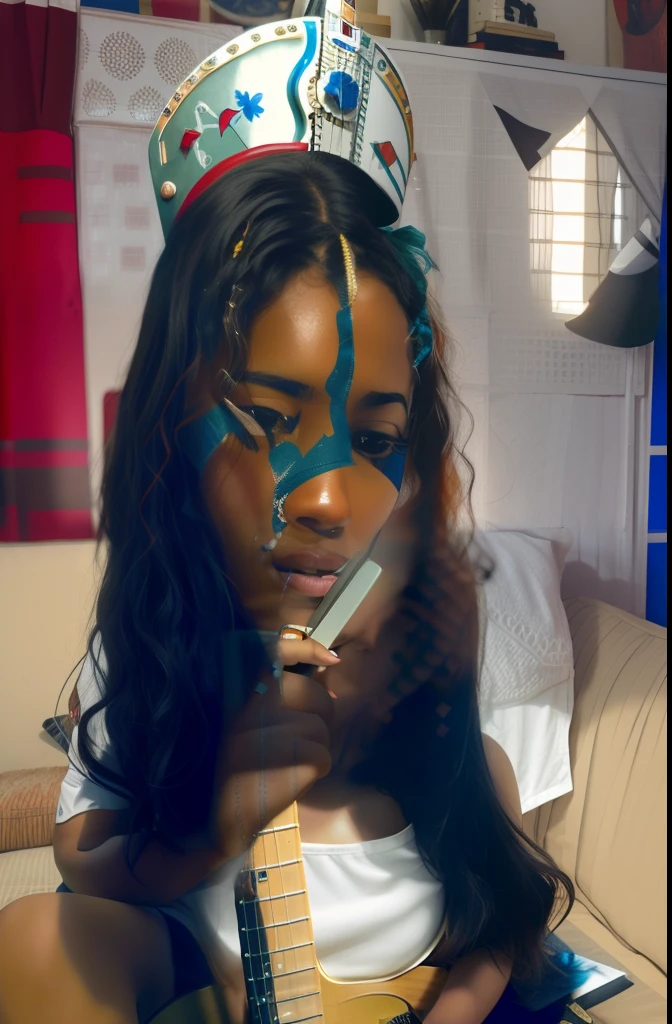 Woman with a guitar sitting on a red sofa in a bedroom, Malika Favre, Justina Blakeney, Directed by: Nandor Soldier, Parece Fabiula Nascimento, mulheres tocando guitarra, andrea rocha, Retrato de meio corpo de Juliana, holding a guitar, Mami Wata, inspirado em Francis Souza, Directed by: Felipe Seade, fernanda suarez