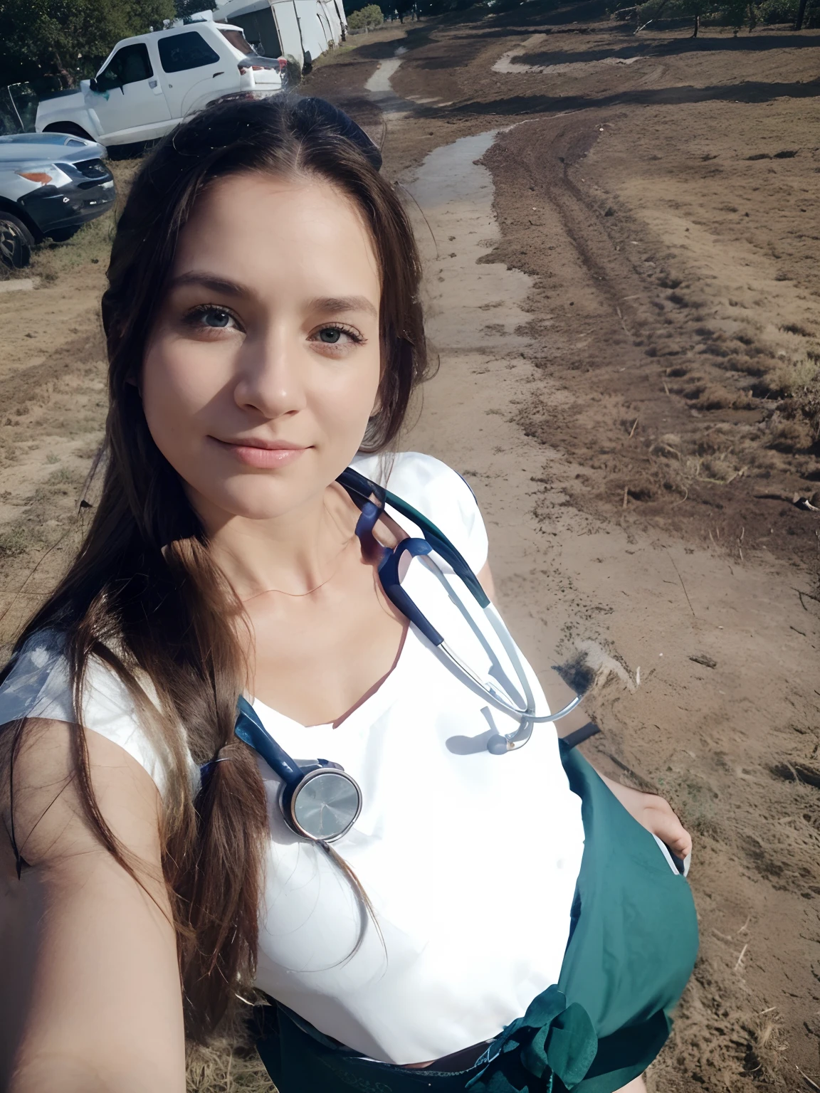 A woman, Veterinary Doctor, 30 years old, very beautiful, long hair brown , green eyes, wearing blue surgical pajamas, a stethoscope hanging around her neck, next to a horse, on the farm, cows and chickens in the background. super hyper detailed, modern Disney Pixar style.