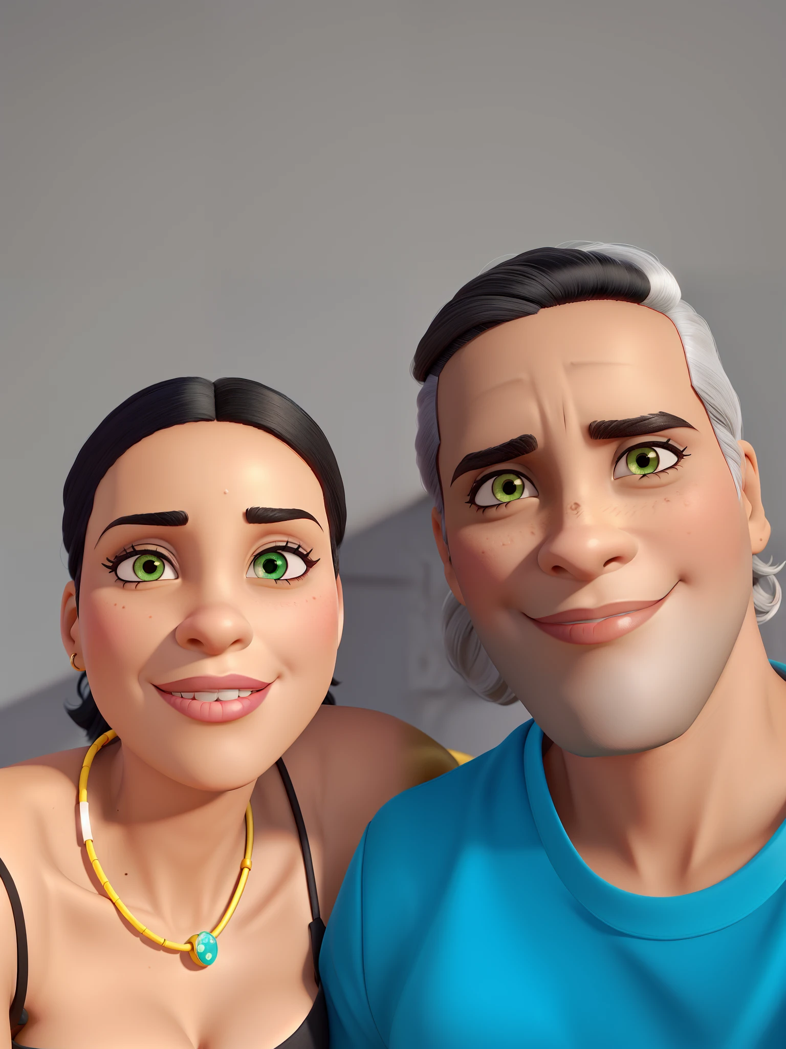 Mulher negra, olhos pretos, 40 anos, cabelo preso, batom vermelho, Wears black strap blouse and necklace. Homem 45 anos, moreno claro, olhos verdes, cabelo liso e grisalho. Estilo Disney