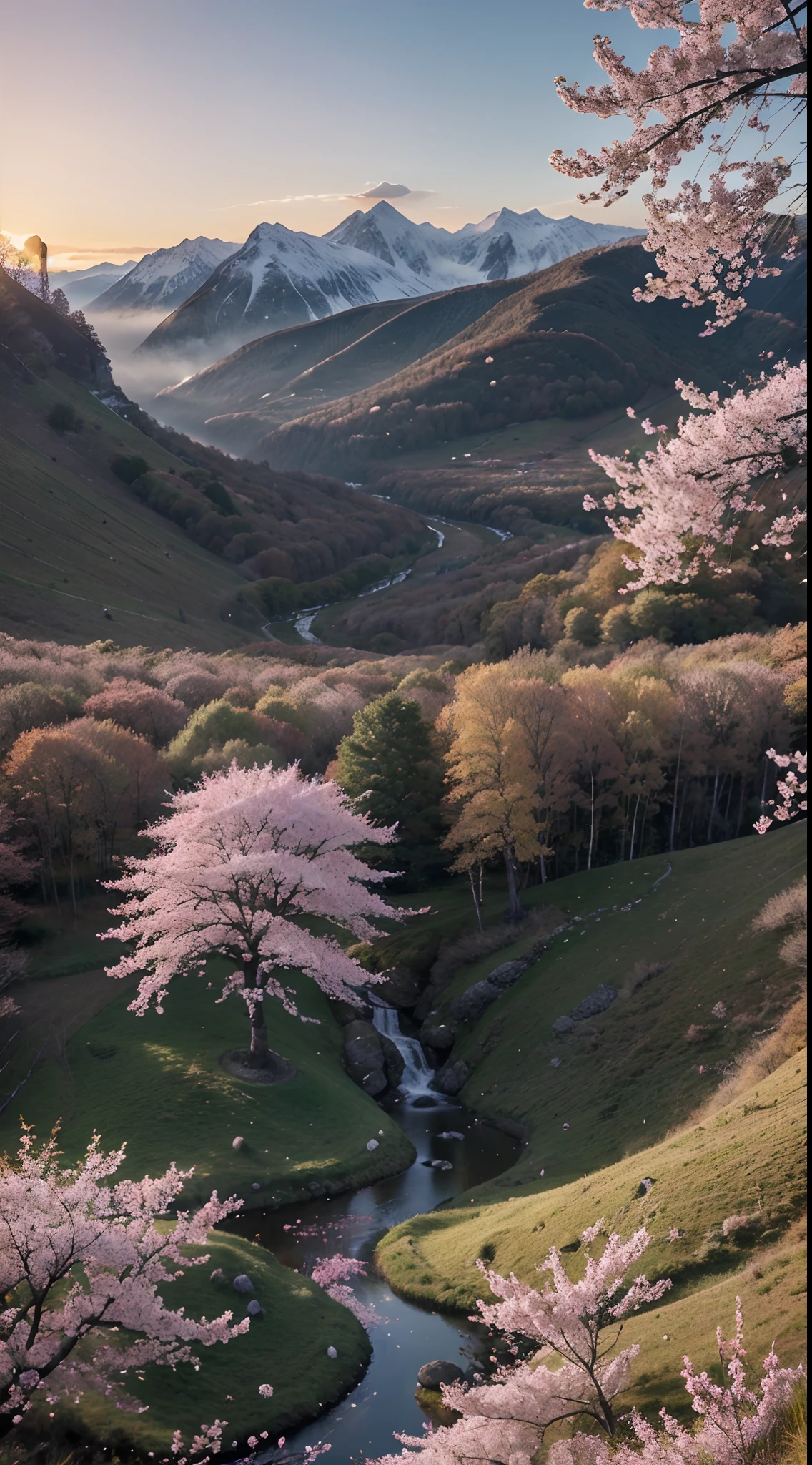 Please create a magnificent artwork depicting an anime landscape during the tranquil evening, with the gentle glow of the setting sun illuminating a breathtaking scene of cherry blossom trees and other enchanting foliage in a mystical mountain setting. Transport us to a world of fantasy and wonder with this mesmerizing artwork.