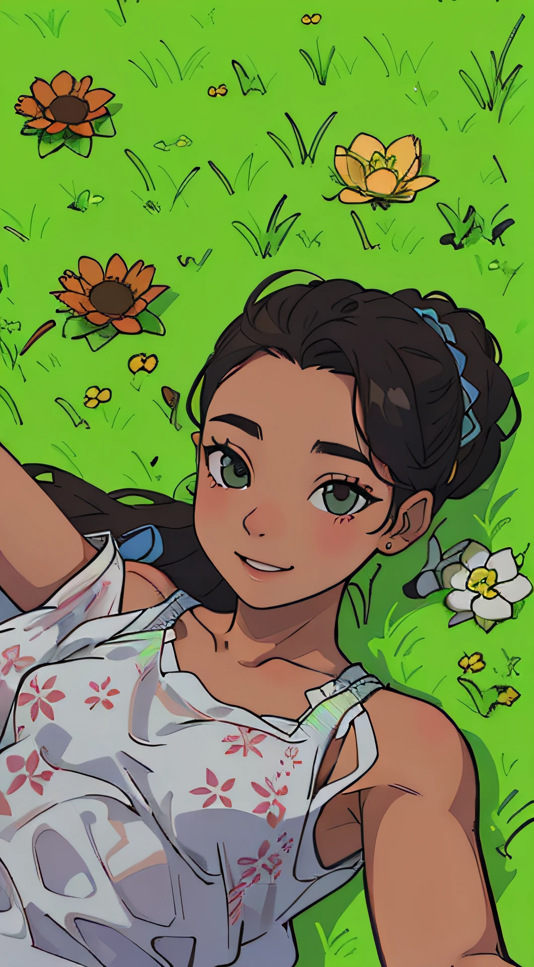 Crie uma imagem de uma senhora com o cabelo elegantemente arranjado e olhos castanhos, sporting a white tank top covered in charming cat illustrations. She's chilling on the green grass, tirar uma selfie com um sorriso cativante dirigido ao espectador. The backdrop is adorned with a variety of vibrant flowers.