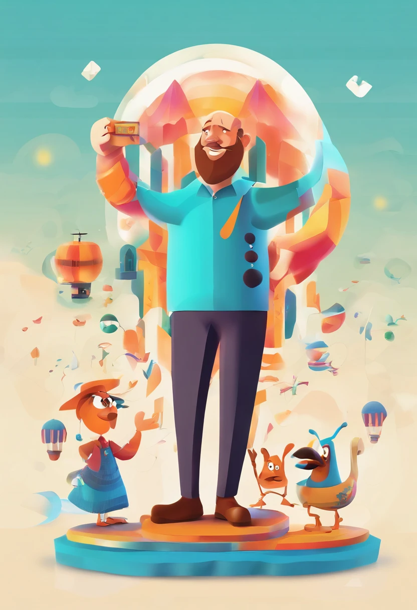 Poster for a 3d Disney Pixar-style film with the name "Ygor" and a 35-year-old bald man with a beard and minimalist clothes with a happy face in a marketing agency.
