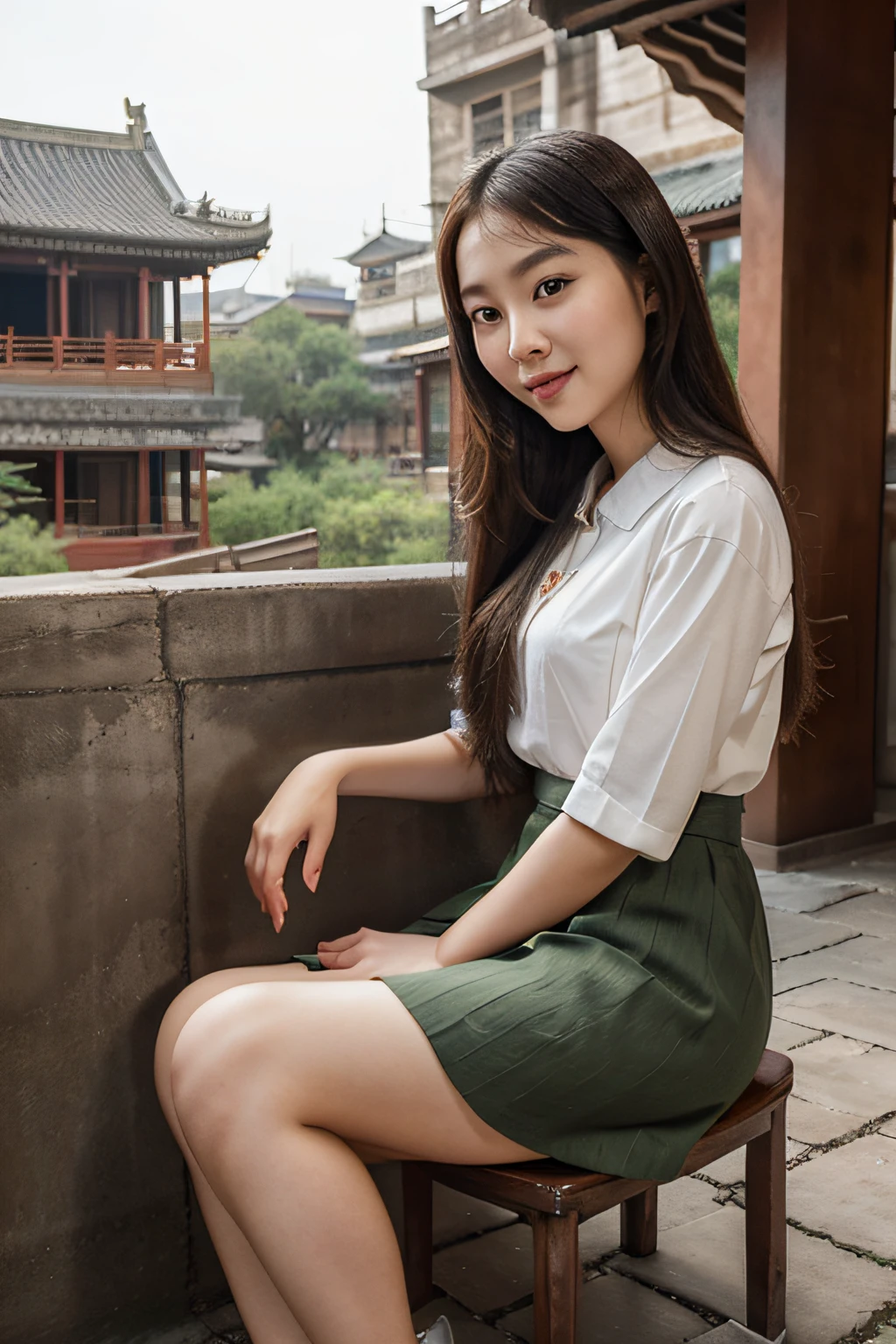 ChineseGirl,21yo,Looks cute and sweet,The smile is approachable,sit on chair,long skirt,high-heels,Dress modestly,Long straight hair,Double eyelids, large eyes,with a round face,Hands naturally resting on your legs,In the background is an ancient Chinese building