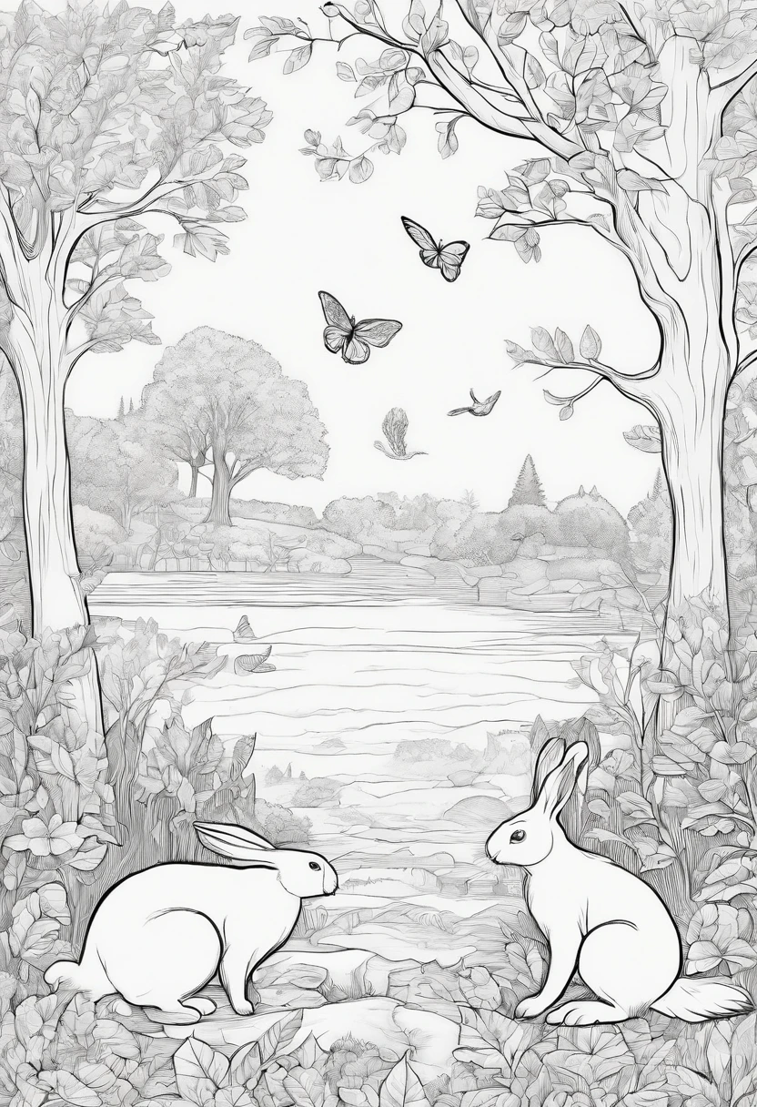 Black and white children's book with coloring strokes, Create a coloring page for a children's book inspired by 'autumn' by Antonio Vivaldi from 'The Four Seasons'. The scene should represent a lush forest with many leafless trees and leaves lying on the ground and animals and birds. In the foreground of the scene, include some adorable animals, like bunnies, butterflies, and birds, all interacting in a friendly way. The image should be appealing and inviting to children, with lots of details to color. Describe the scene in as much detail as possible. White background. no colors, no letters