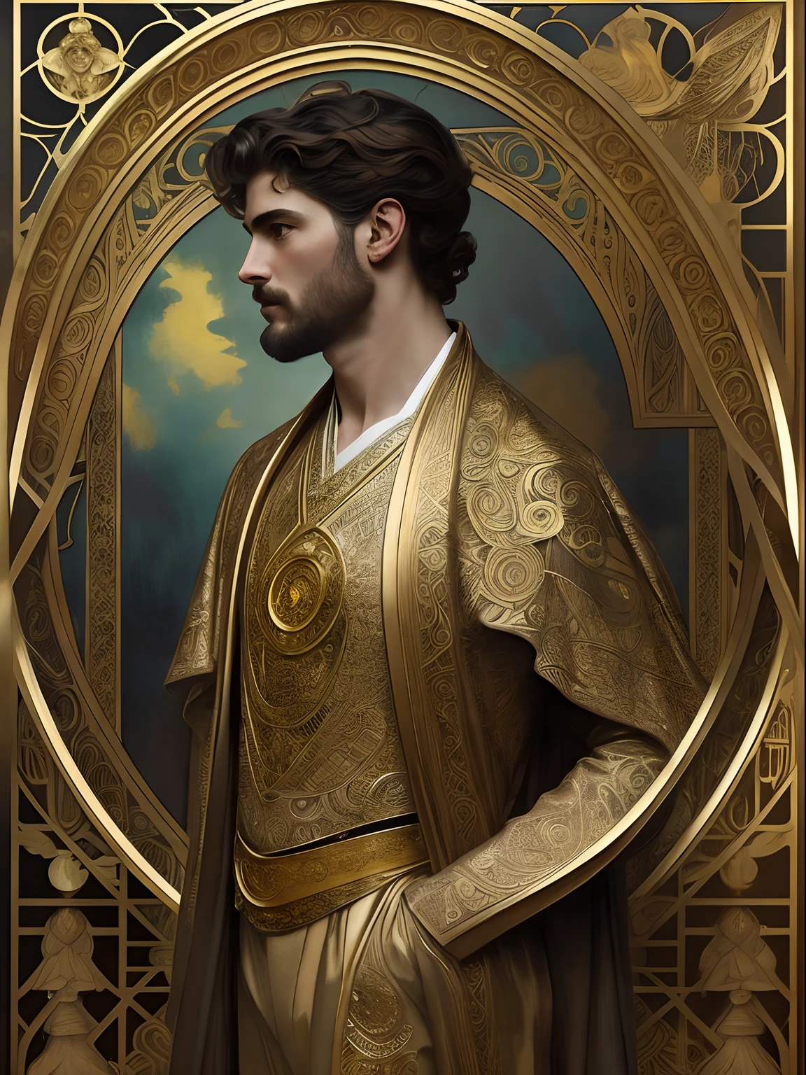 high quality, super realistic, Envision a hyper-realistic composition that seamlessly integrates the exquisite detail of John Singer Sargent with the dreamlike elegance of Alphonse Mucha, creating a insanely handsome man’s portrait where realism and Art Nouveau mystique converge, An extremely atractive masculine and handsome man is depicted against a backdrop of golden swirling patterns inspired by Mucha's iconic golden ornamental designs, The man is adorned in flowing garments that echo Mucha's romantic style, with intricate patterns intertwining seamlessly with the hyper-realistic details of his attire, by yukisakura, highly detailed,