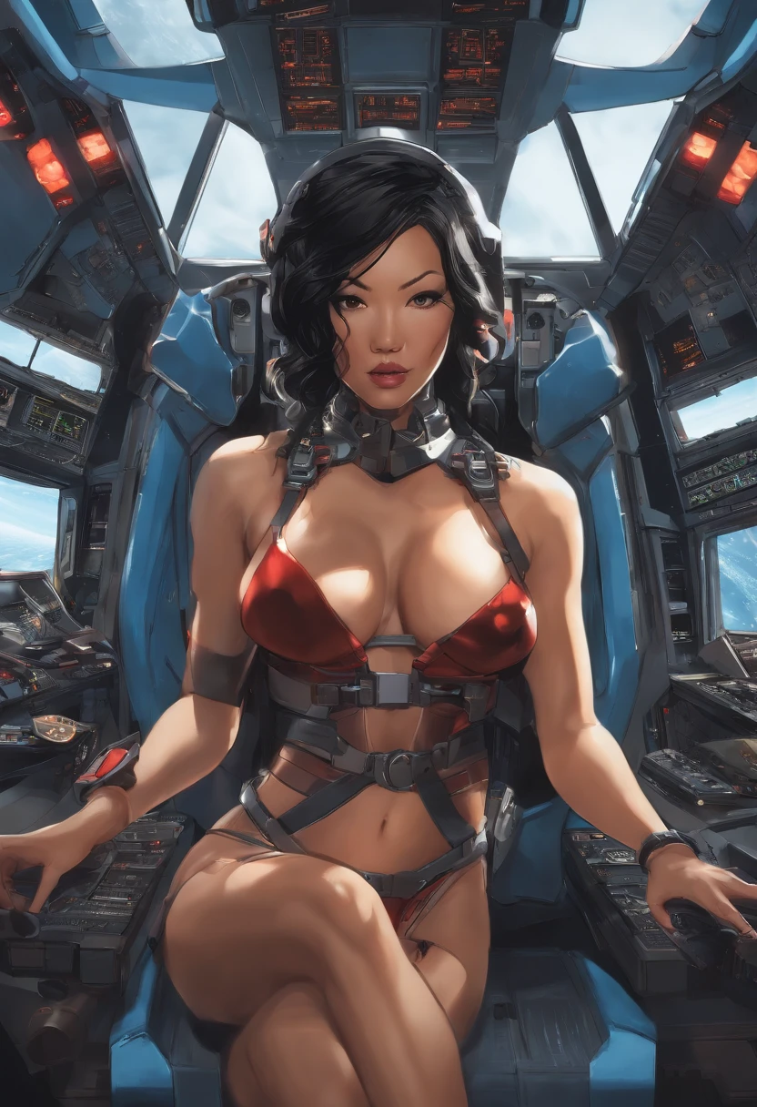 Asa Akira inside cockpit of a Gundam, battle shout, intense fighting, forced perspective, wearing a micro bikini
