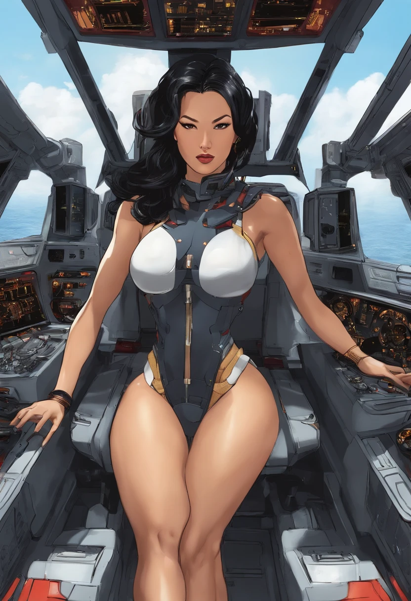 Asa Akira inside cockpit of a Gundam, battle shout, intense fighting, forced perspective, wearing a micro bikini
