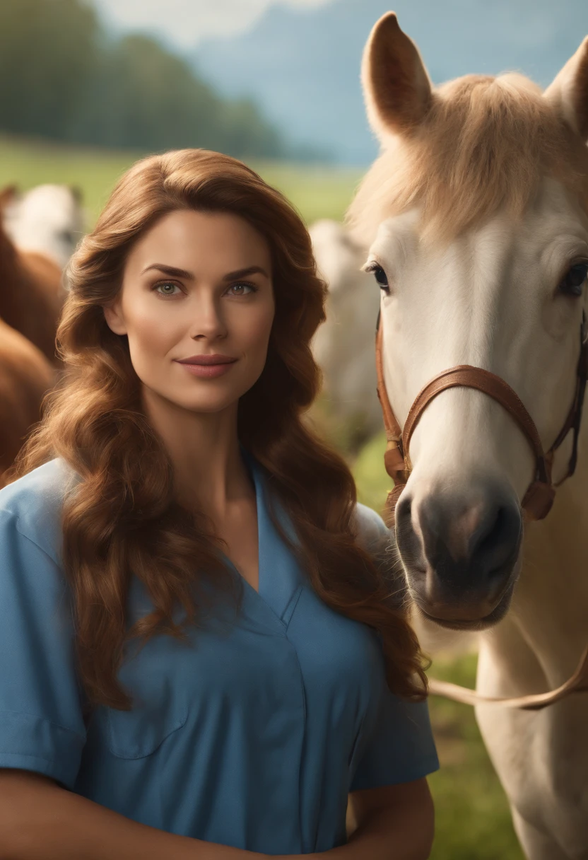 A woman, Veterinary Doctor, 30 years old, very beautiful, hair tied in a ponytail brown , green eyes, wearing blue surgical pajamas, a stethoscope hanging around her neck, next to a horse, on the farm, cows and chickens in the background. super hyper detailed, modern Disney Pixar style.