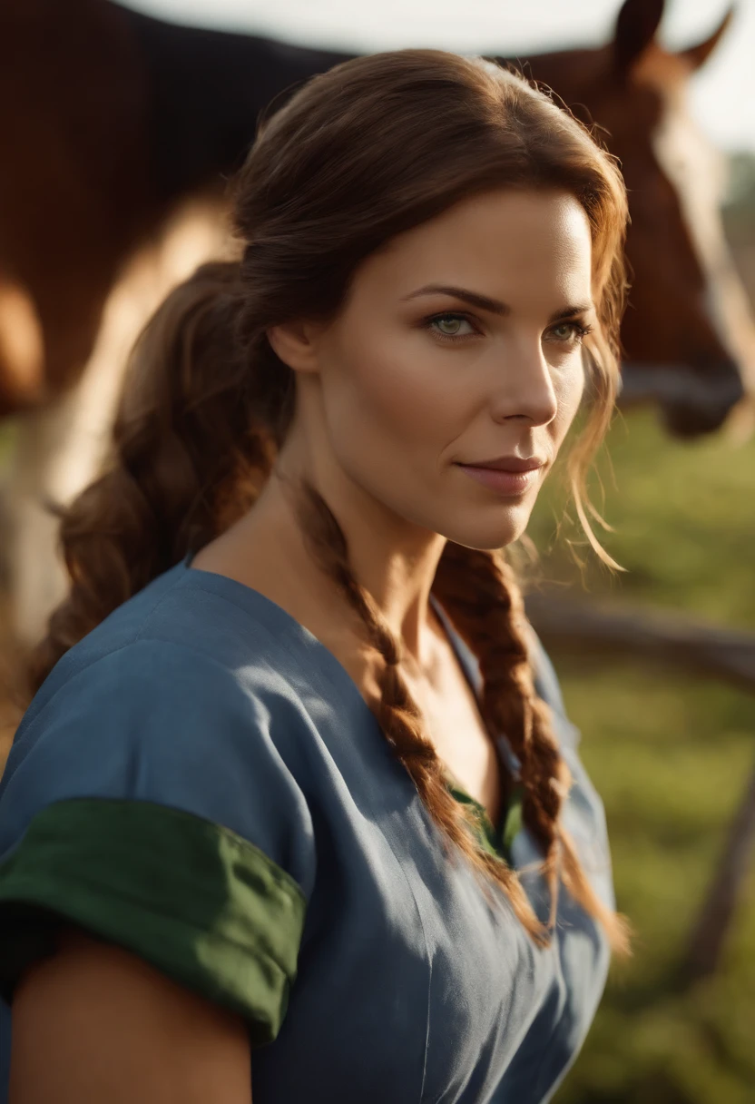 A woman, Veterinary Doctor, 30 years old, very beautiful, hair tied in a ponytail brown , green eyes, wearing blue surgical pajamas, a stethoscope hanging around her neck, next to a horse, on the farm, cows and chickens in the background. super hyper detailed, modern Disney Pixar style.