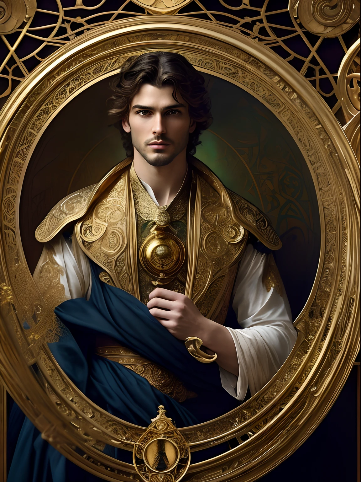 high quality, super realistic, Envision a hyper-realistic composition that seamlessly integrates the exquisite detail of John Singer Sargent with the dreamlike elegance of Alphonse Mucha, creating a insanely handsome man’s portrait where realism and Art Nouveau mystique converge, An extremely atractive masculine and handsome man is depicted against a backdrop of golden swirling patterns inspired by Mucha's iconic golden ornamental designs, The man is adorned in flowing garments that echo Mucha's romantic style, with intricate patterns intertwining seamlessly with the hyper-realistic details of his attire, by yukisakura, highly detailed,