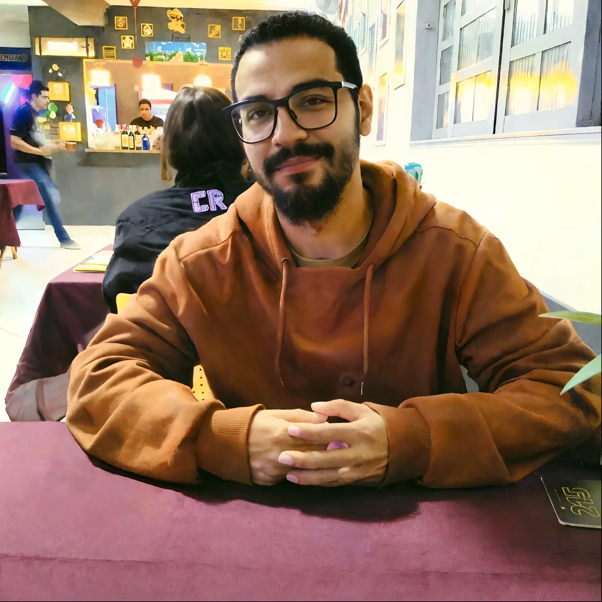 There's a man sitting at a table with a doughnut in his hand, Carmelo Blandino, Josana Gonzales, Henry Alvim Correa, Pablo Dominguez, Directed by: Nandor Soldier, andres rios, caio santos, david rios ferreira, Alexandros Pyromallis, victor maristane, icaro carvalho