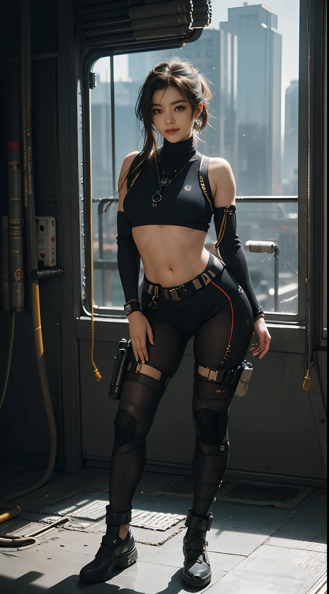 (Highest image quality, outstanding details, ultra-high resolution), 1 girl, wearing futuristic military outfit((inspired by cyberpunk jumper and yoga wear, military harness, military gears such as pouches)), (glamour body:1.2, buffed and muscular body), (a bit chubby:0.5), background military base, mild smile, dynamic pose, dramatic lighting, full body