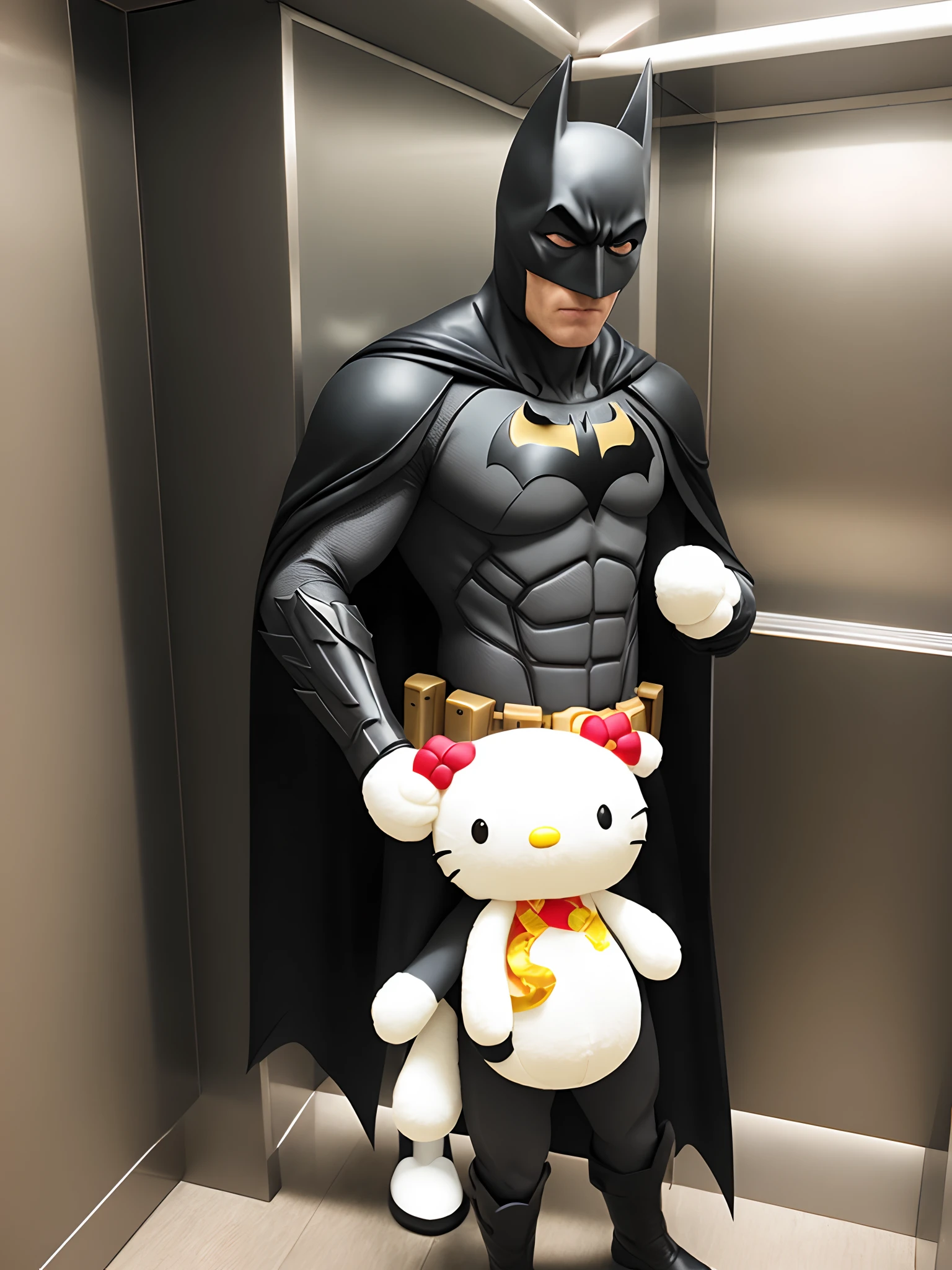 Batman in an elevator holding a hello kitty plushy , 0.5 lens camera