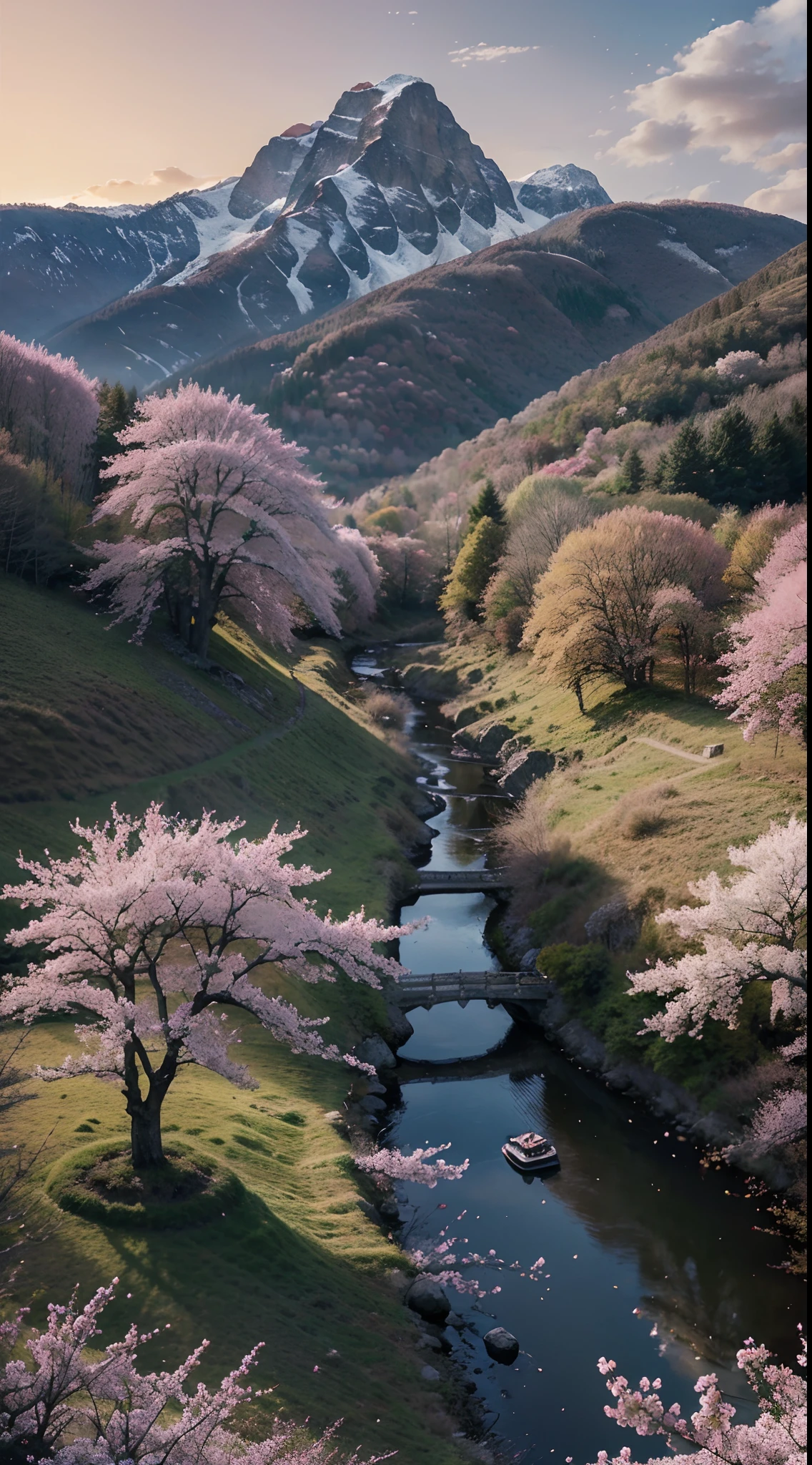 Please create a magnificent artwork depicting an anime landscape during the tranquil evening, with the gentle glow of the setting sun illuminating a breathtaking scene of cherry blossom trees and other enchanting foliage in a mystical mountain setting. Transport us to a world of fantasy and wonder with this mesmerizing artwork.