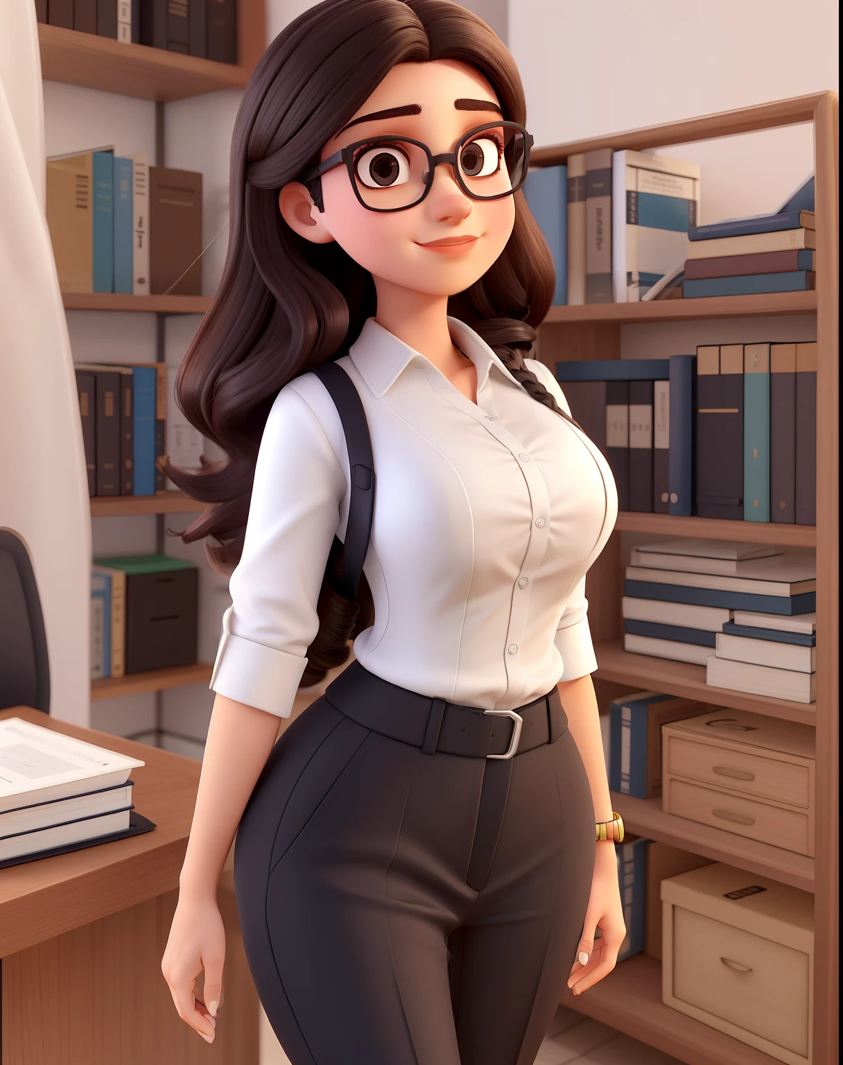 Uma mulher branca advogada, jovem, Serious, Chic and wise, com cabelo longo liso e preto , olhos esbugalhados e grandes na cor marrom, Mouth with big lips, quadril um pouco largo, pernas grossas, middlebreasts, with black dress pants, blusa preta e brazer branco, She's wearing brown rimmed glasses, salto alto preto, In a fancy law firm.