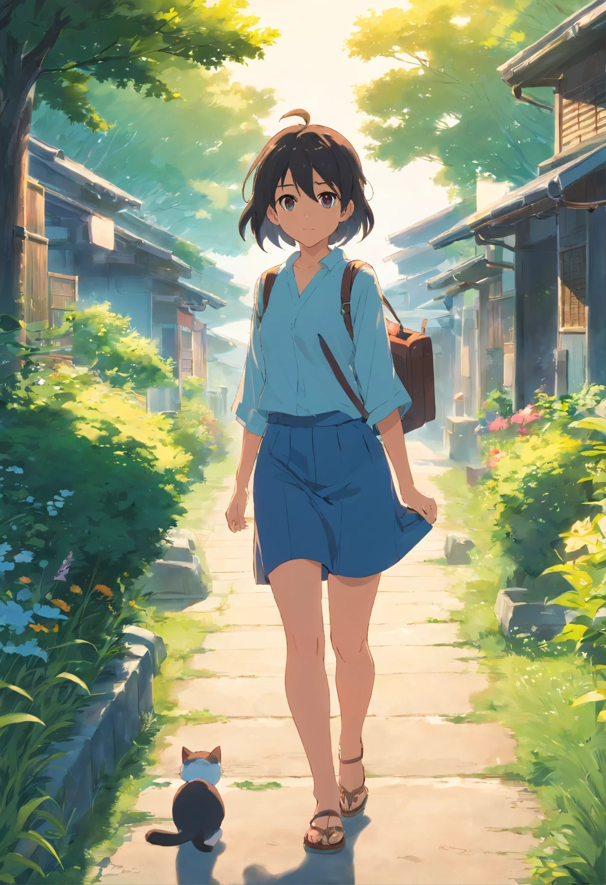 In a beautiful little village，There are mountains，Lund，grassy fields，Small lake，o cachorrinho，baby cats，one-girl，Libido boy，The boys trot around the village，And beautiful sunsets，Breeze 1, NSFW