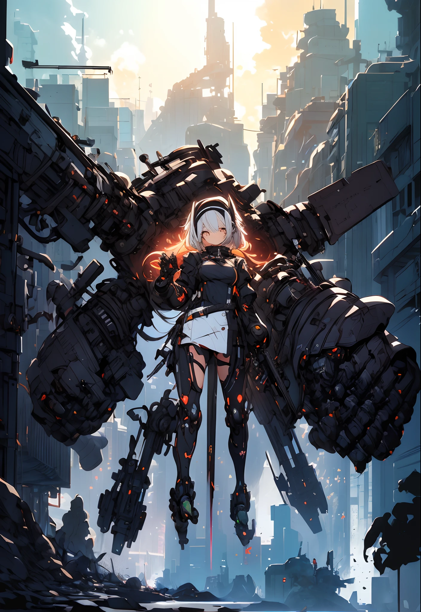 a painting of a woman with a gun and a sword, krenz cushart and wenjun lin, cyberpunk anime girl mech, krenz cushart and asher duran, painterly humanoid mecha, wlop and krenz cushart, illustration concept art, guweiz, krenz cushart and artem demura, female mecha, (cute illustration:1.5), (cute,kawaii,sweet:1.2),
(1girl:1.4), bodysuit, cyborg girl,
hyper gigantic mechanical hands,dynamic pose,
nice hands, perfect hands, incredibly cinematic, best quality, best resolution