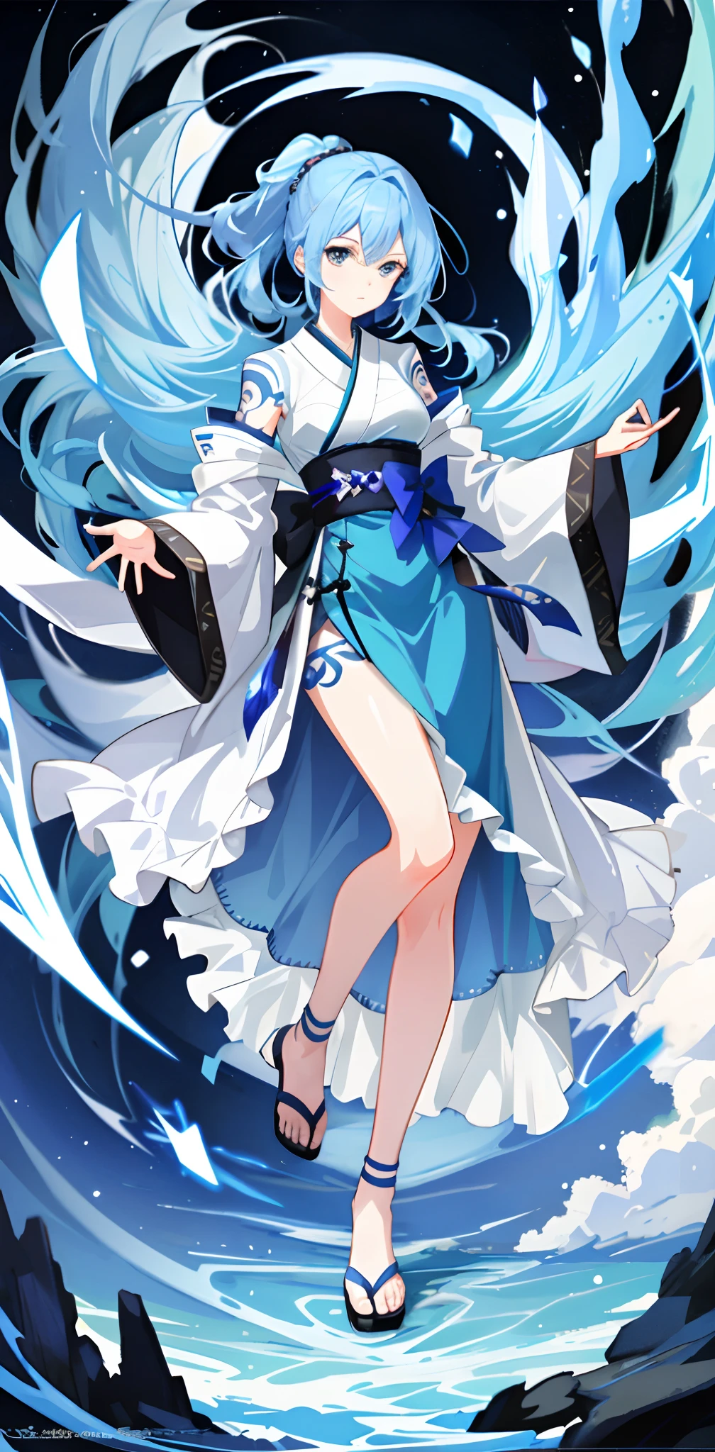Ultra-high definition 2D art, close-up (1 woman), light blue hair, 2D animation style, soft and delicate depiction, attention also on her full-body tattoos (full-body art), landscape mode, masterpieces by Guweiz and James Jean, tattoo expert designs by CGSCOSITY, etc. A beautiful blue-haired girl who became a hot topic at the trend art station of Japan.