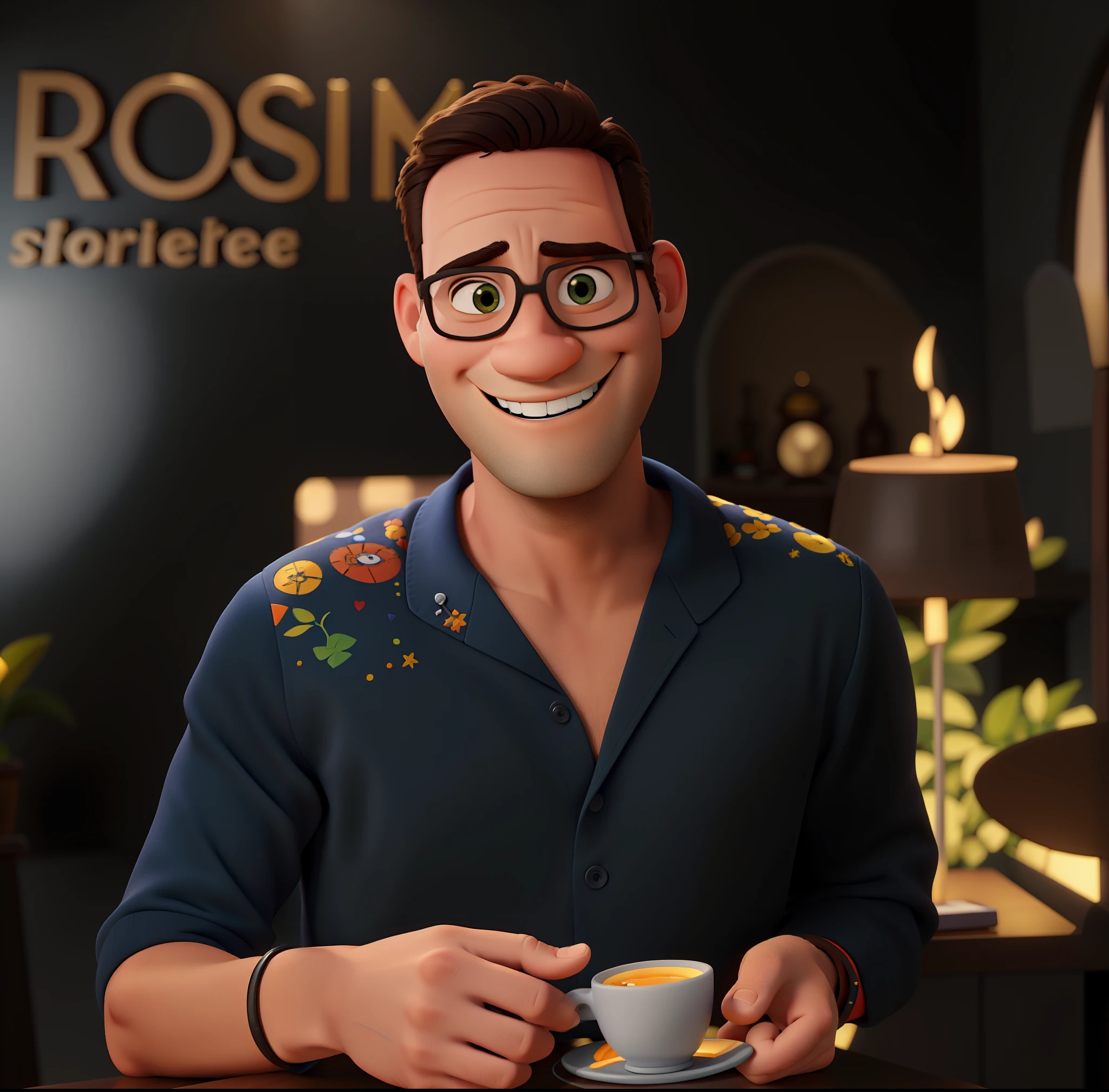 Um homem sorrindo e com semblante em estilo Disney Pixar, alta qualidade, melhor qualidade, at the bottom is written in ROSIN capital letters and in inner lowercase letters