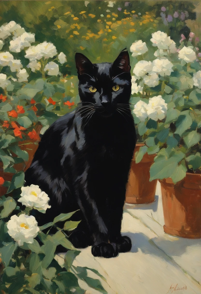 black cat, white flowers art by Alson Skinner Clark