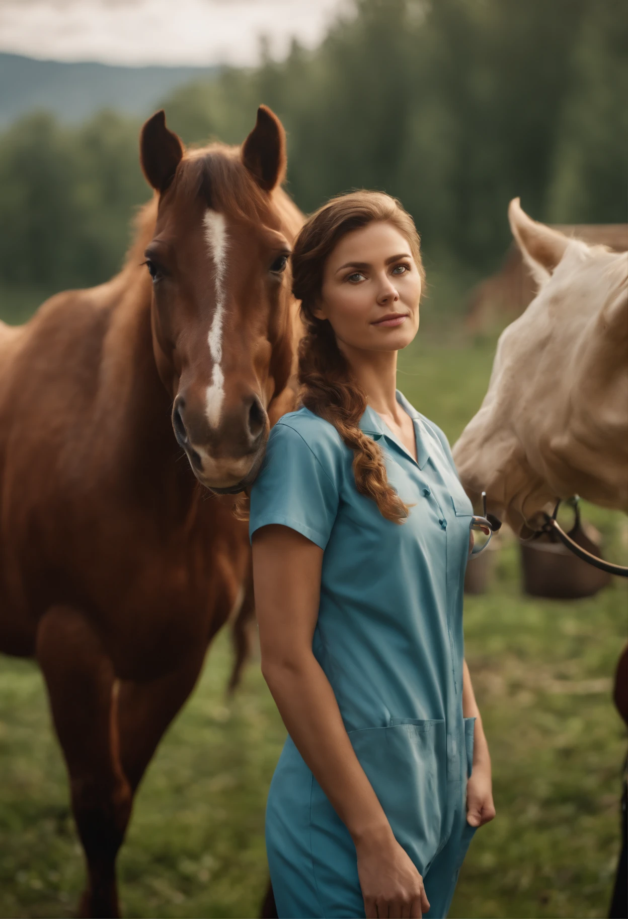 A woman, Veterinary Doctor, 30 years old, very beautiful, hair tied in a ponytail brown , green eyes, wearing blue surgical pajamas, a stethoscope hanging around her neck, next to a horse, on the farm, cows and chickens in the background. super hyper detailed, modern Disney Pixar style.