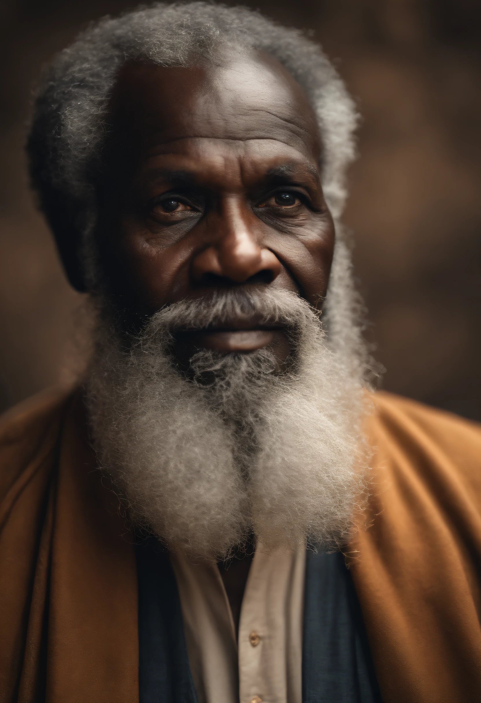 Portrait of an old African man, long grey beards and hair, with a linen attire, and full of wisdom, (best quality,4k,8k,highres,masterpiece:1.2), ultra-detailed, (realistic,photorealistic,photo-realistic:1.37), HDR, UHD, studio lighting, extreme detail description, professional, vivid colors, bokeh, portraits, warm color tones, soft lighting.