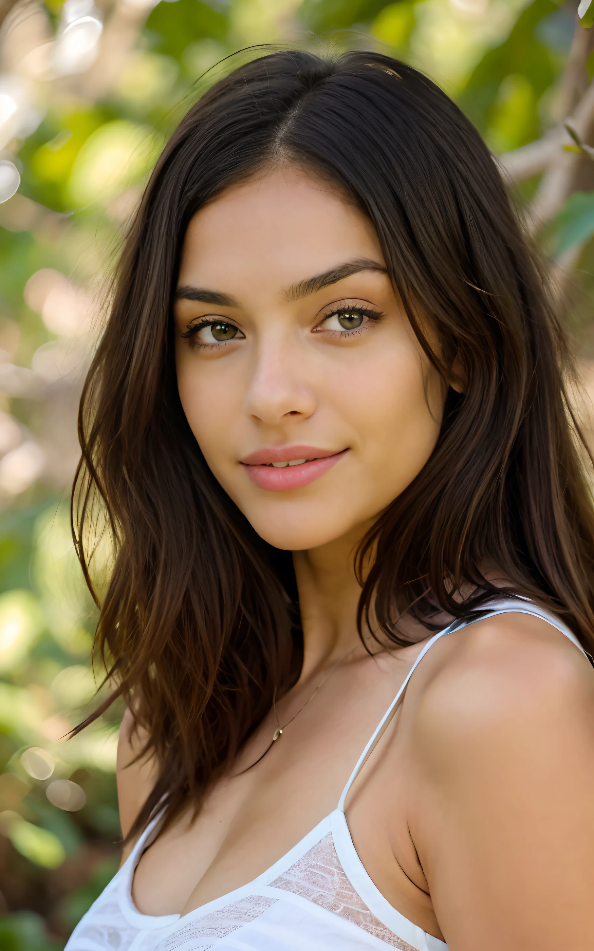 (best quality,ultra-detailed,photorealistic),young woman,beautiful eyes,detailed lips,pensive expression,soft lighting,vibrant colors,,long flowing hair,stylish outfit, jungle background,colorful flowers,natural sunlight,serene atmosphere, natural round breasts, hourglass figure, 4k details,