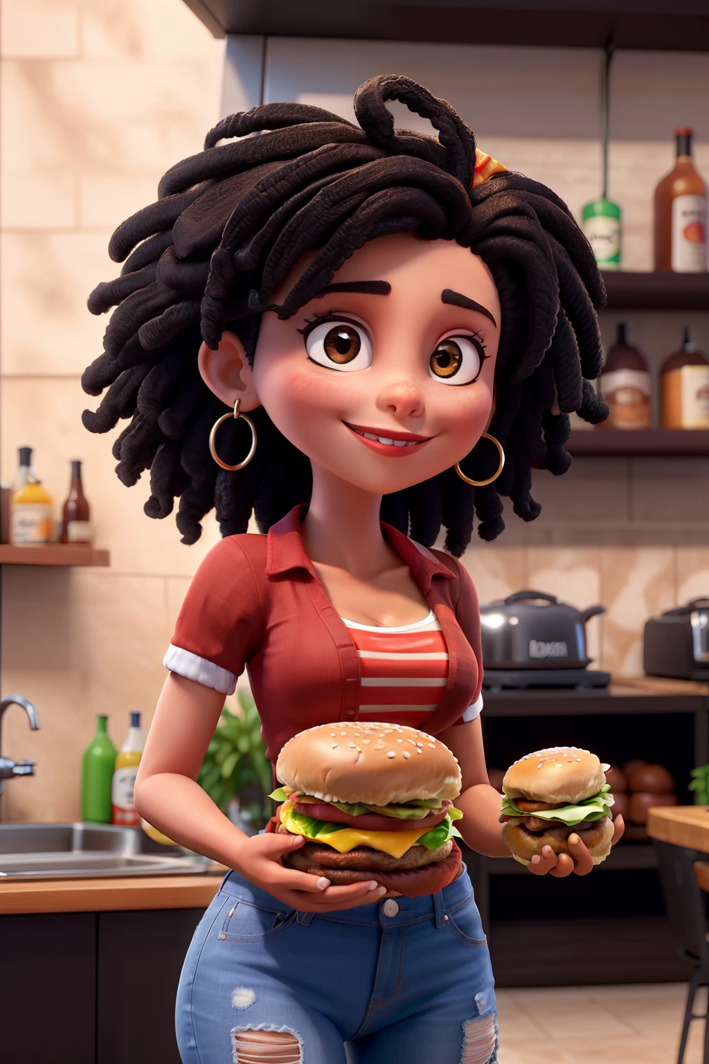 Mulher branca, cabelo longo preto, holding a hamburger,em uma loja de lanches, em alta qualidade, melhor qualidade