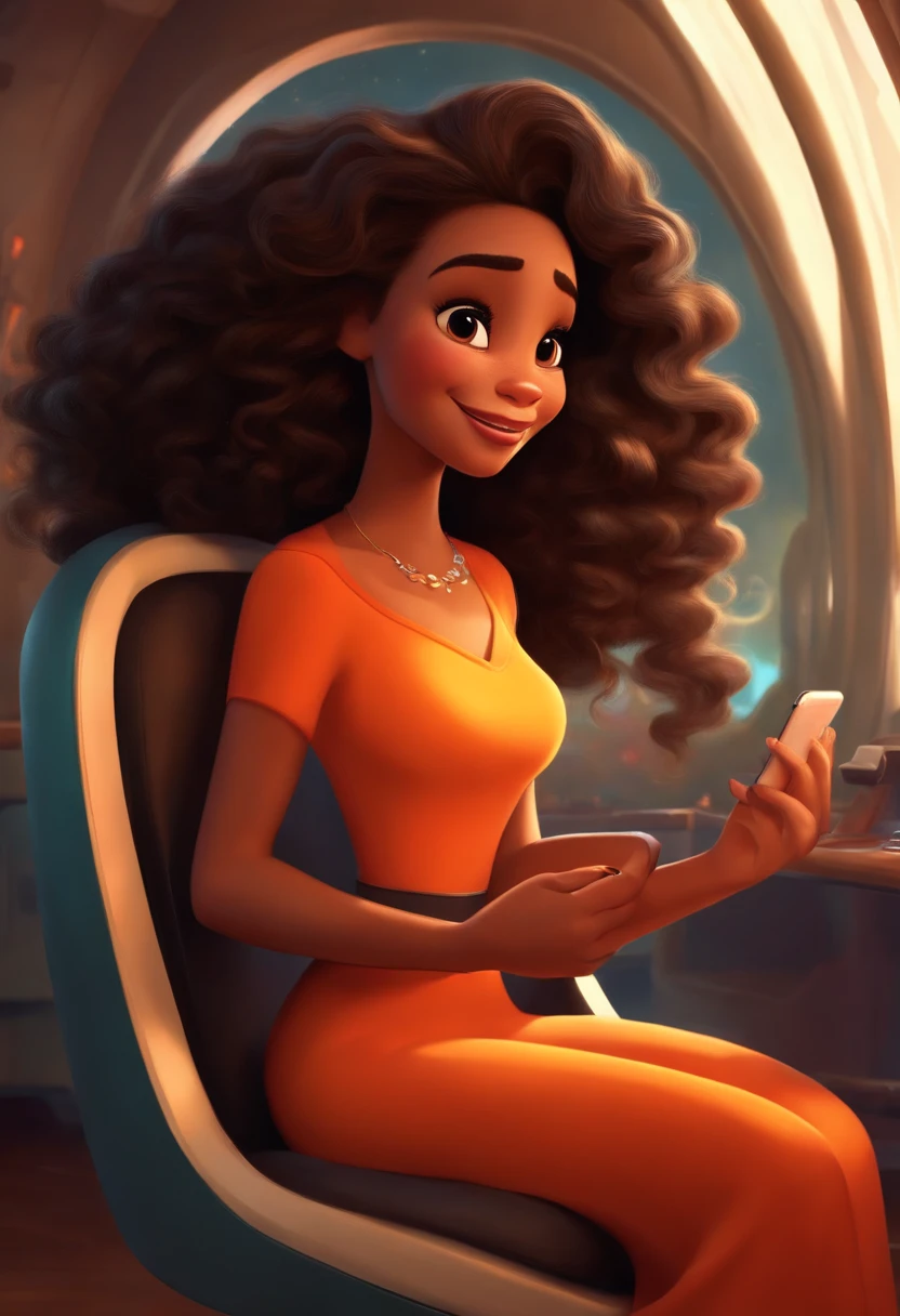 Disney pixar image: woman with long hair, parting of hair in the middle, black, light, wavy, face, a little round, black eyes, light brown skin, with a cell phone in hand, smiling in a rocket-shaped chair