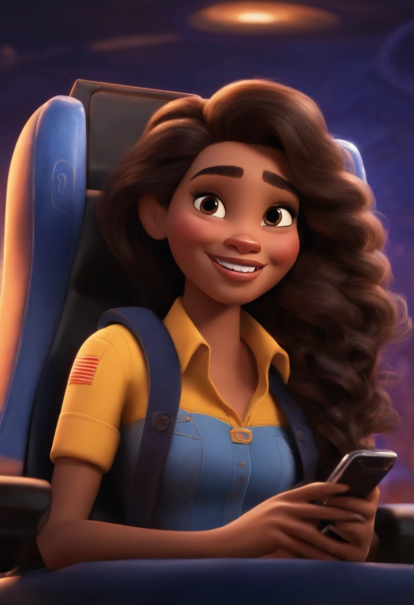 Disney pixar image: woman with long hair, parting of hair in the middle, black, light, wavy, face, a little round, black eyes, light brown skin, with a cell phone in hand, smiling in a rocket-shaped chair