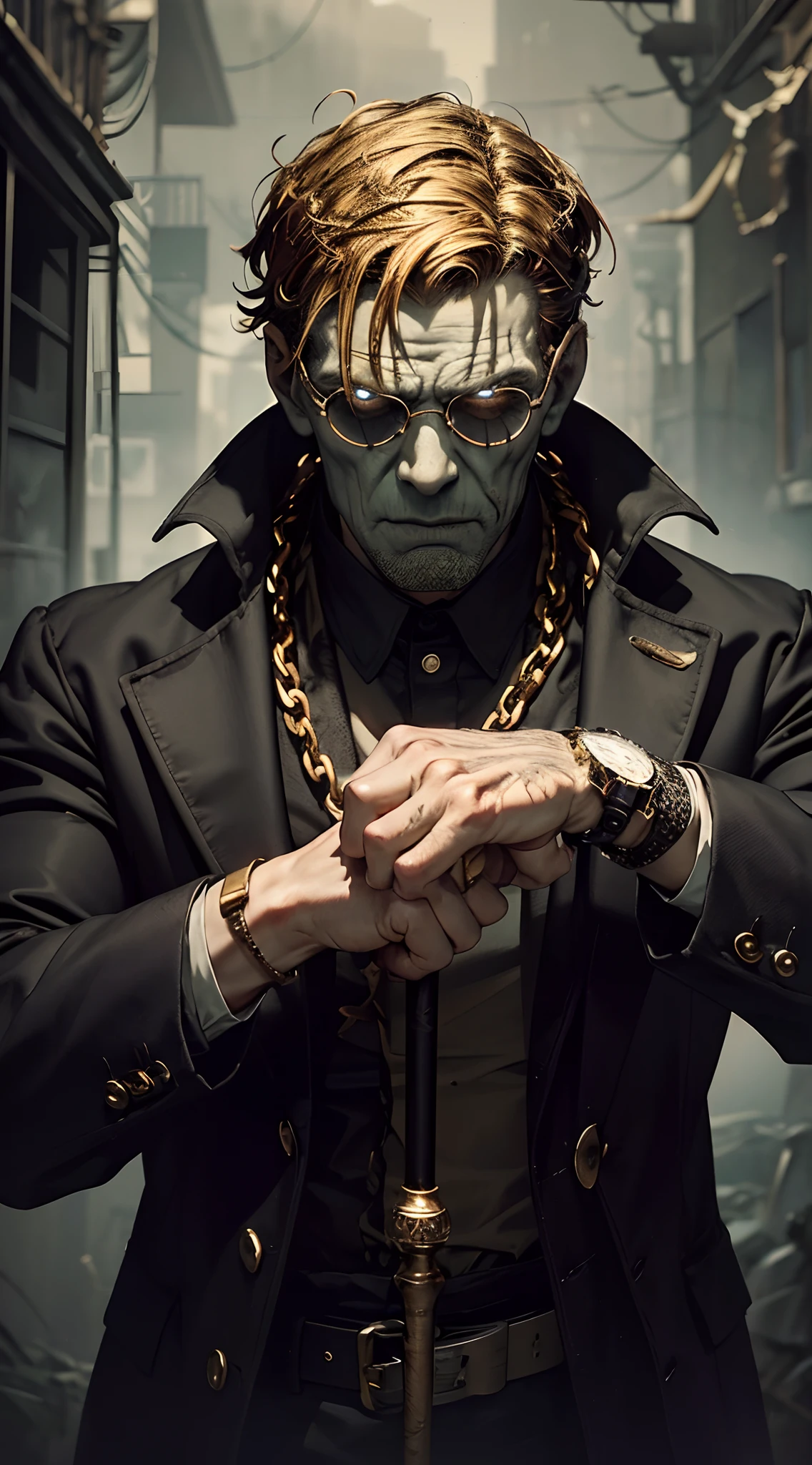 (masterpiece:1.2), high-resolution, Frankenstein monster, rotten, with black glasses, gold watch, thick gold chains, wearing old suit, fist in hand pose, action pose, hyper-detailed, detailed hands, perfect hands, eerie atmosphere, dark shadows, dramatic lighting, vibrant colors, hauntingly beautiful, gothic element, surreal composition, intricate textures, holds a cane, leans on a crutch, walking stick, detailed cane, detailed stick