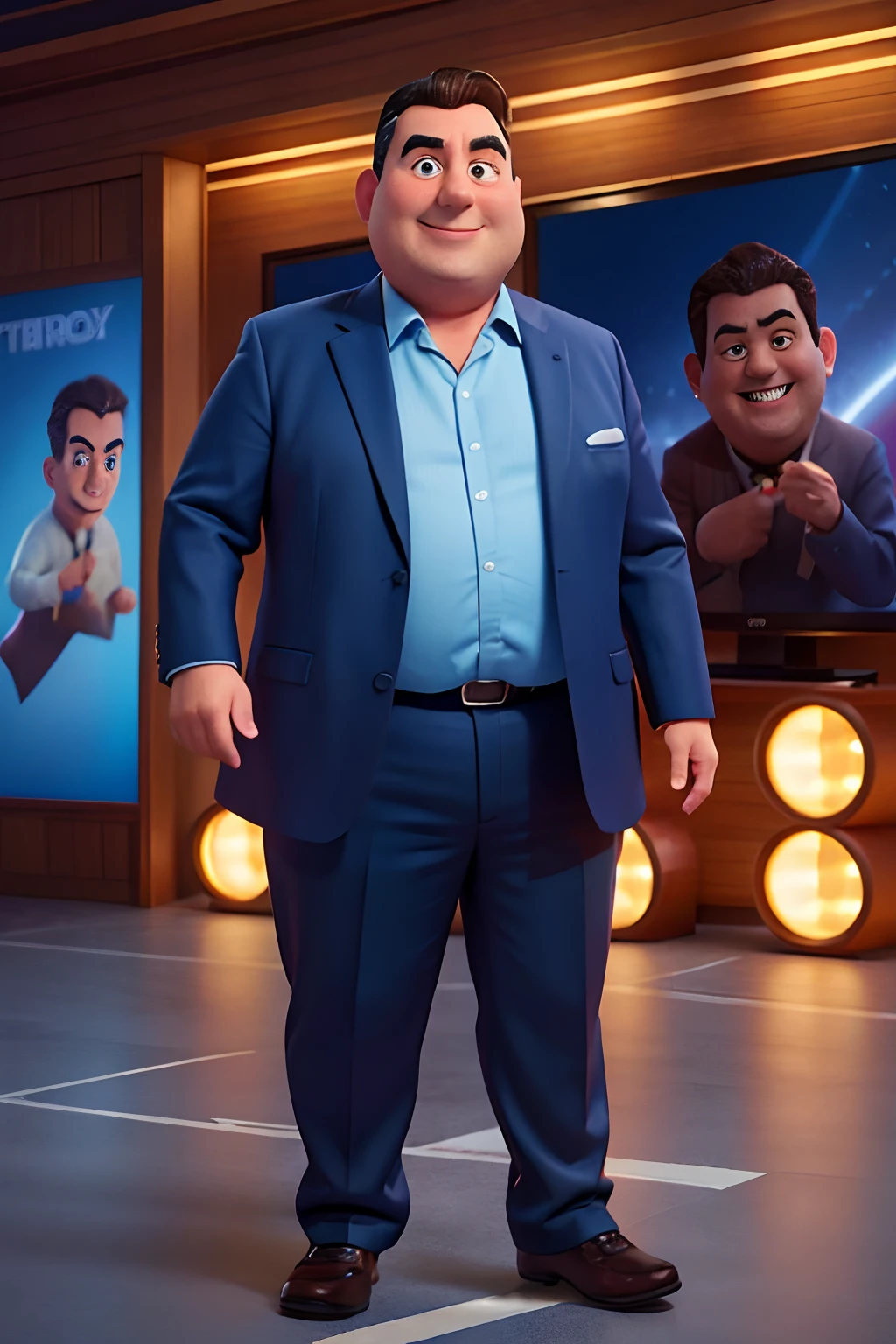 Create a movie poster in the disney pixar style, chubby television news presenter man, wearing dark blue suit, smiling, 60 years old, adult, black eyes color, older face, hair combed to the side, thinning hair, red flushed cheeks