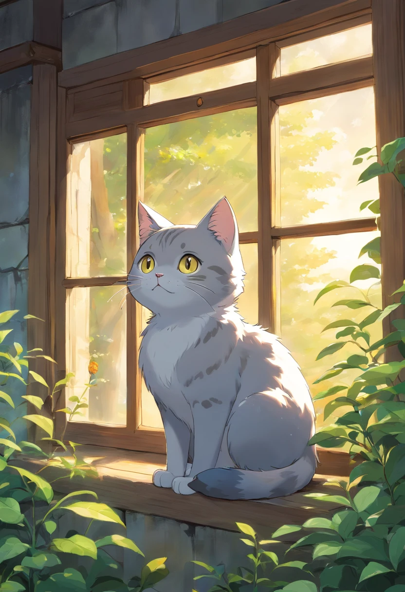 Un lindo gato de ojos redondos gris, Luz solar fuera de la ventana,Gato gris y ,perezoso,Me encanta ser coqueta con un platito que dice arenita
