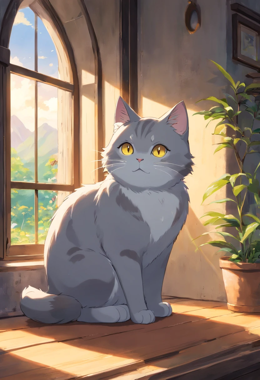 Un lindo gato de ojos redondos gris, Luz solar fuera de la ventana,Gato gris y ,perezoso,Me encanta ser coqueta con un platito que dice arenita