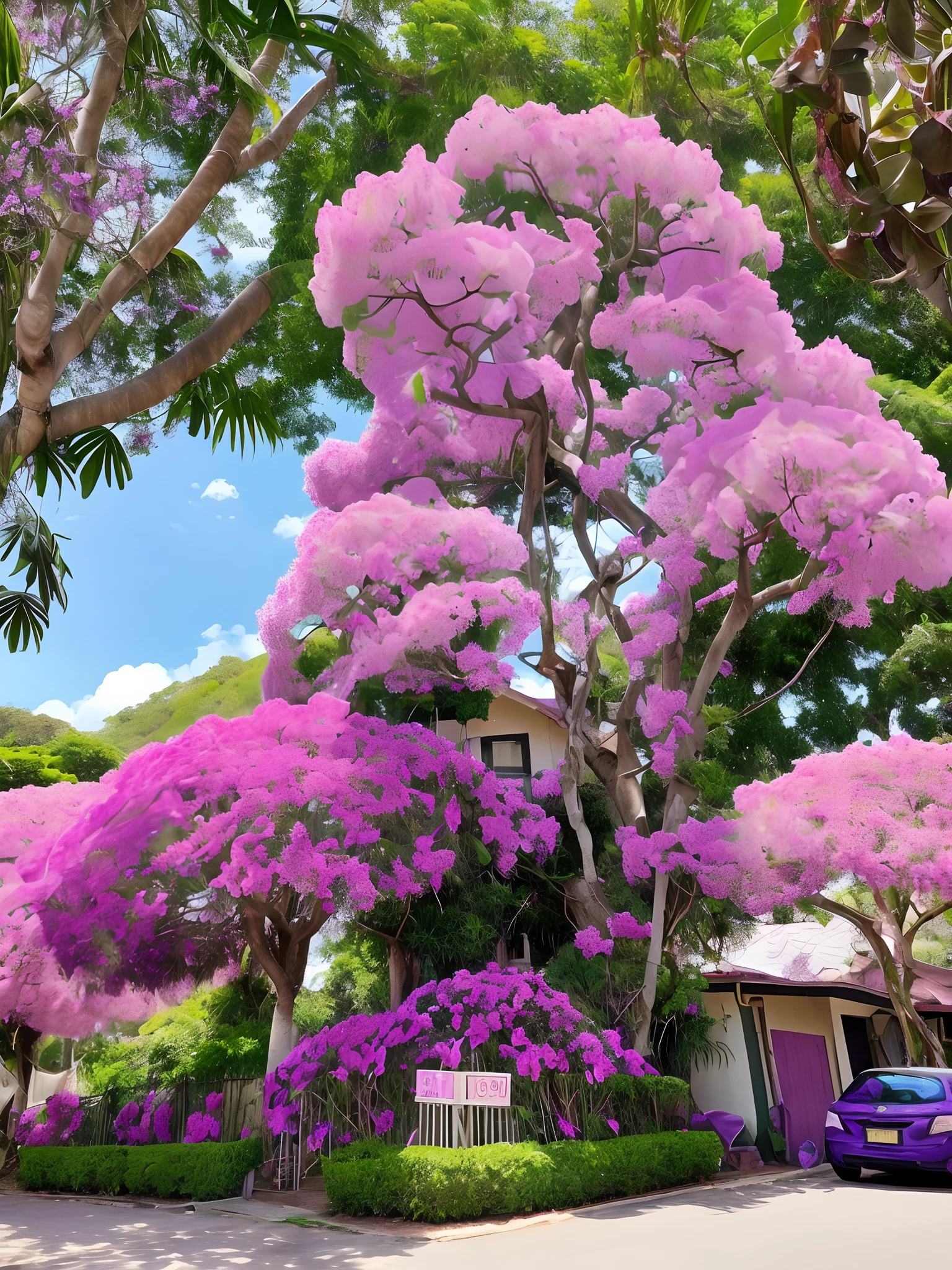 Purple flowers on a tree in a grassy area with a house in the background, lush trees and flowers, purple flower trees, tall purple and pink trees, flowers and trees, trees and flowers, flores tropicais florescentes, incrivelmente bonito, Flores enormes, Long violet and green trees, covered with orchids, exotic trees, bougainvillea, covered with thick orchids