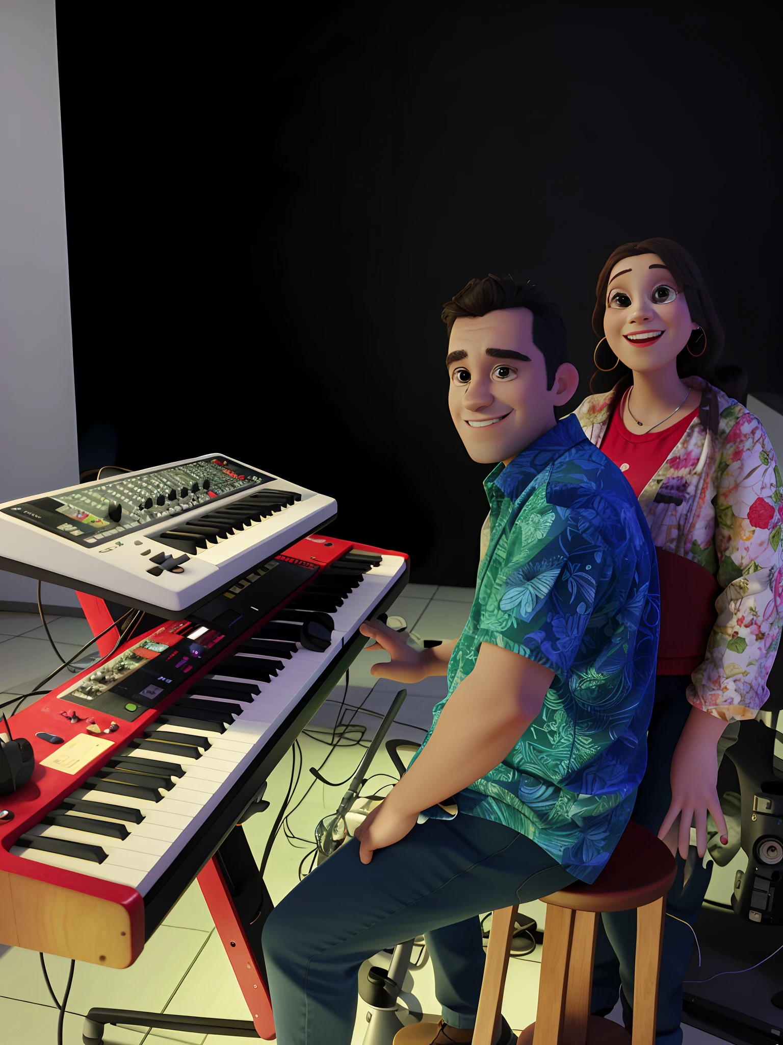 Um lindo casal, 36 anos, com roupas de cantores gospel, tocando teclado. instrumentos musicais ao fundo. super hiper detalhado, 8k uhd, 3D-rendering, estilo moderno Disney Pixar.