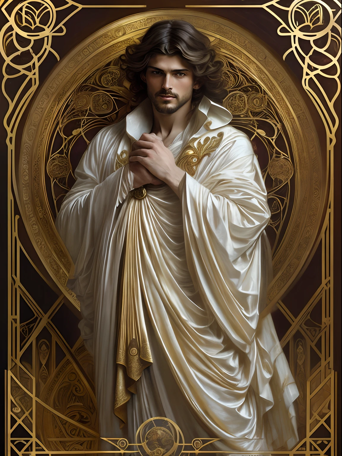 high quality, super realistic, Envision a hyper-realistic composition that seamlessly integrates the exquisite detail of John Singer Sargent with the dreamlike elegance of Alphonse Mucha, creating a insanely handsome man’s portrait where realism and Art Nouveau mystique converge, An extremely seductive masculine and handsome man is depicted against a backdrop of golden swirling patterns inspired by Mucha's iconic golden ornamental designs, The man is adorned in flowing garments that echo Mucha's romantic style, with intricate patterns intertwining seamlessly with the hyper-realistic details of his attire, by yukisakura, highly detailed,