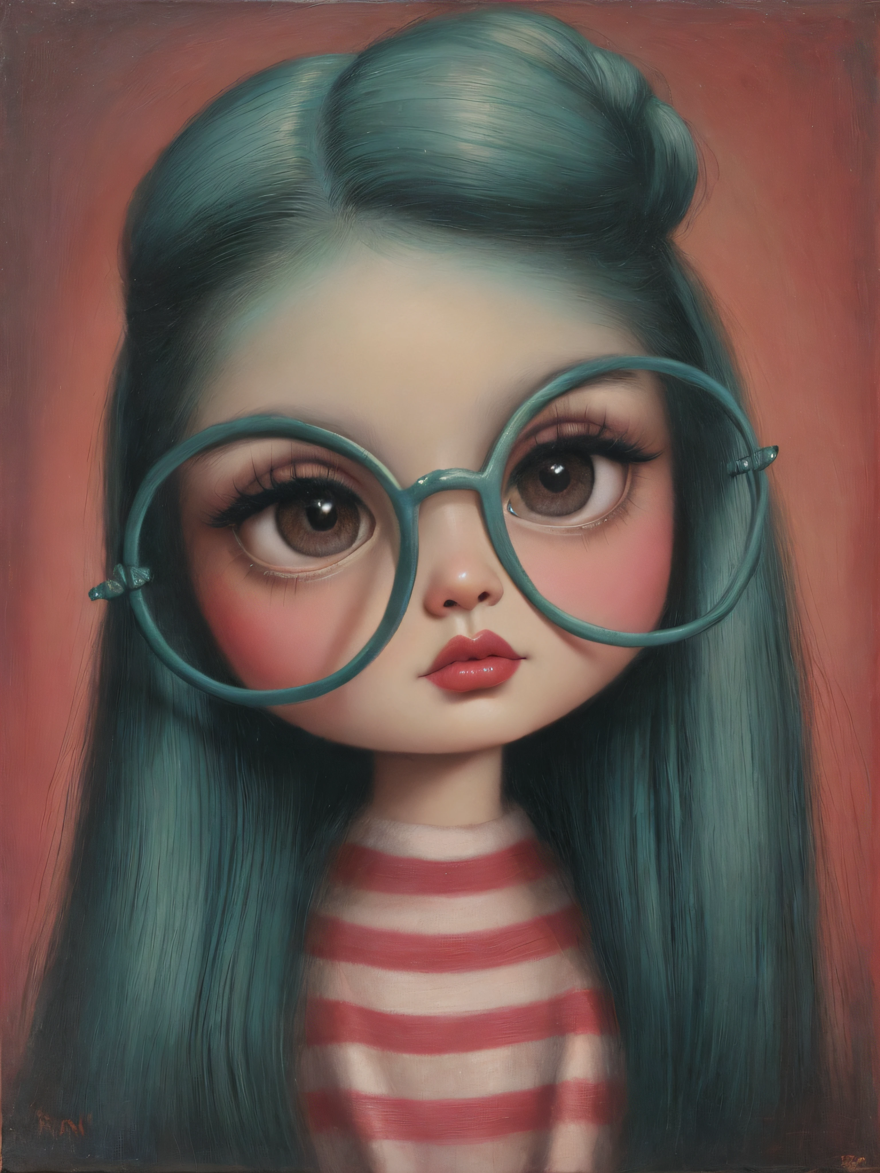 pintura de una mujer fea con las cejas muy gordas y peludas, estilo Mark Ryden