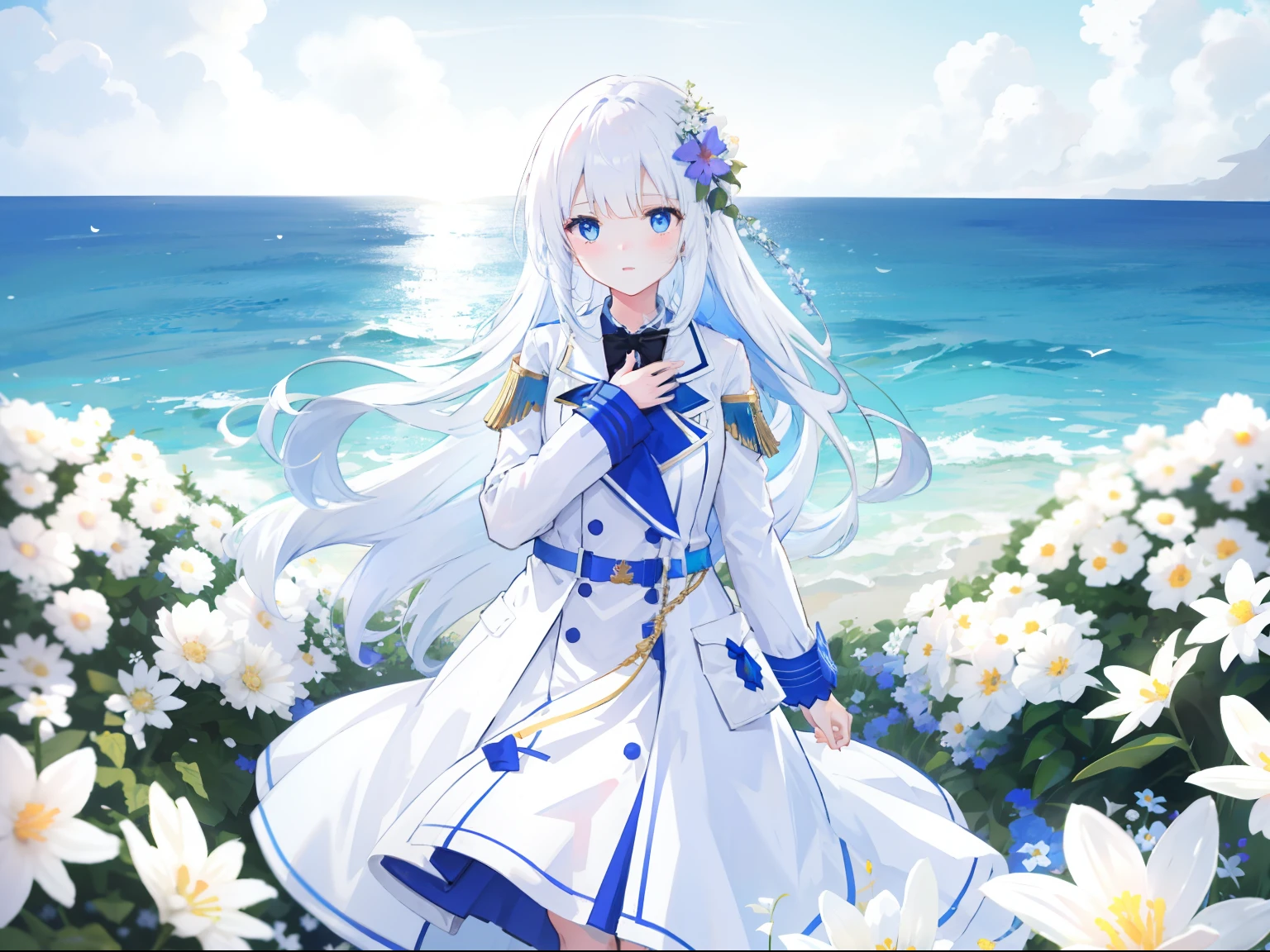 In a sea of flowers,1girll,White color hair,long whitr hair,blue color eyes,(Carefully portray the face),Height 166cm,high school senior,adolable,White trench coat,Glazed eyes,Fold your hands to your chest,worry,There are a lot of white flowers around,Poignant,(Carefully depict the action),(Carefully portray clothes),(Carefully depict the expressions),Day Man Girl,tmasterpiece,8k wallpaper,Ambient light,Poor milk,