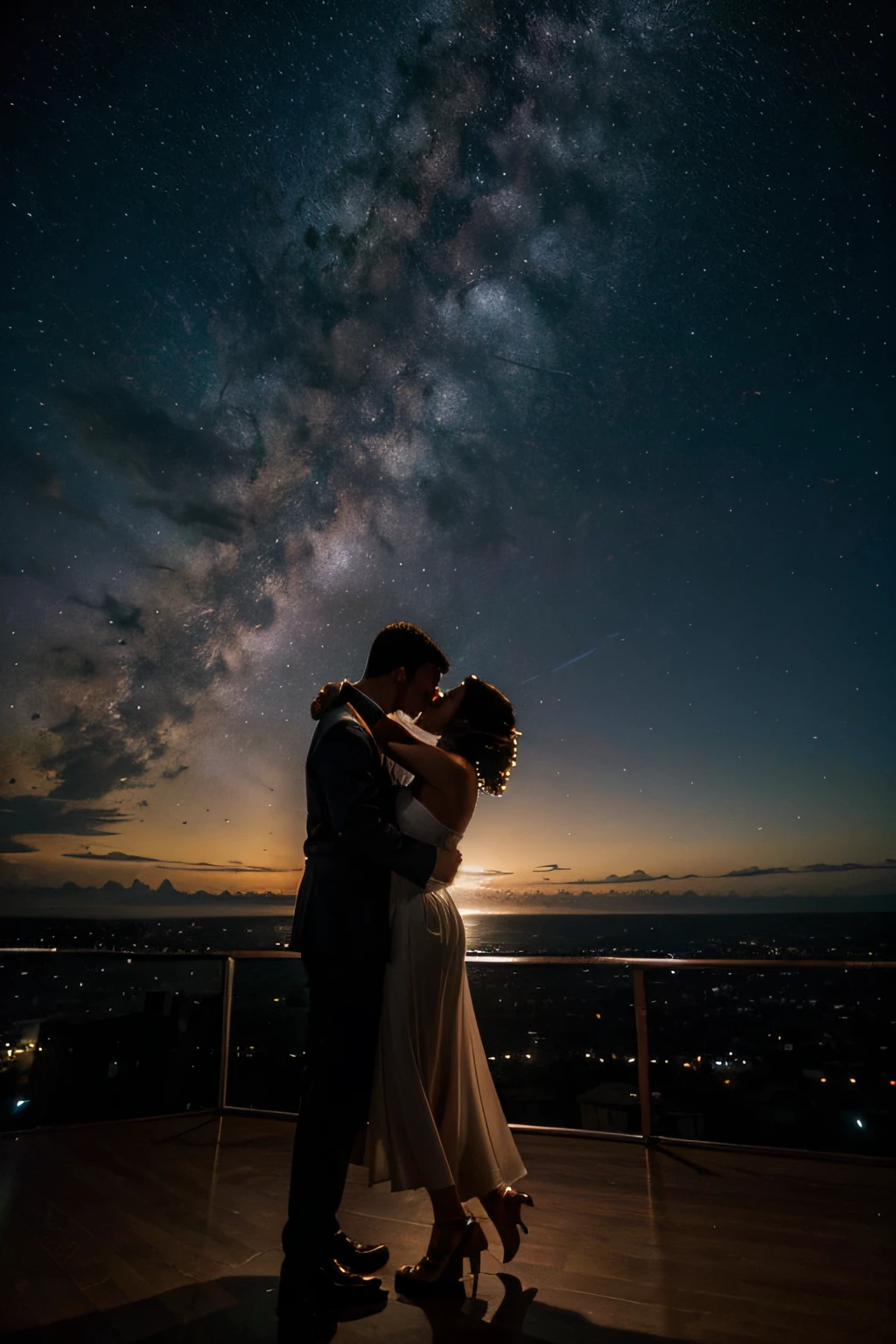 Couple in love dancing, visto de longe, View of the Milky Way, romantic scene