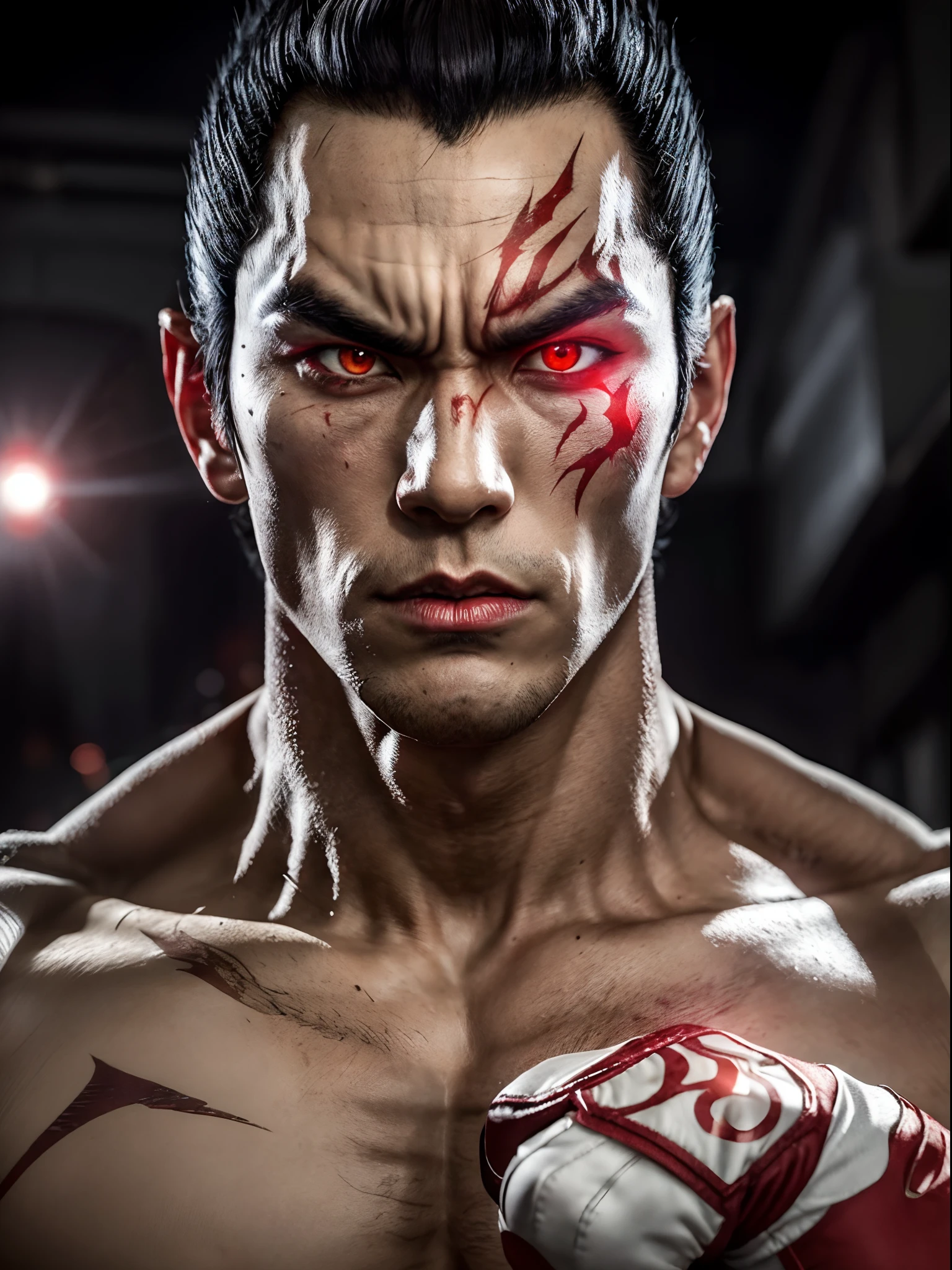 Kazuya Mishima from tekken, muscular , pointy hair, battle pose,(one red eye glowing and one black eye,),  eyes with different colors, heterocromia,micro tube top, white pants, red gloves,