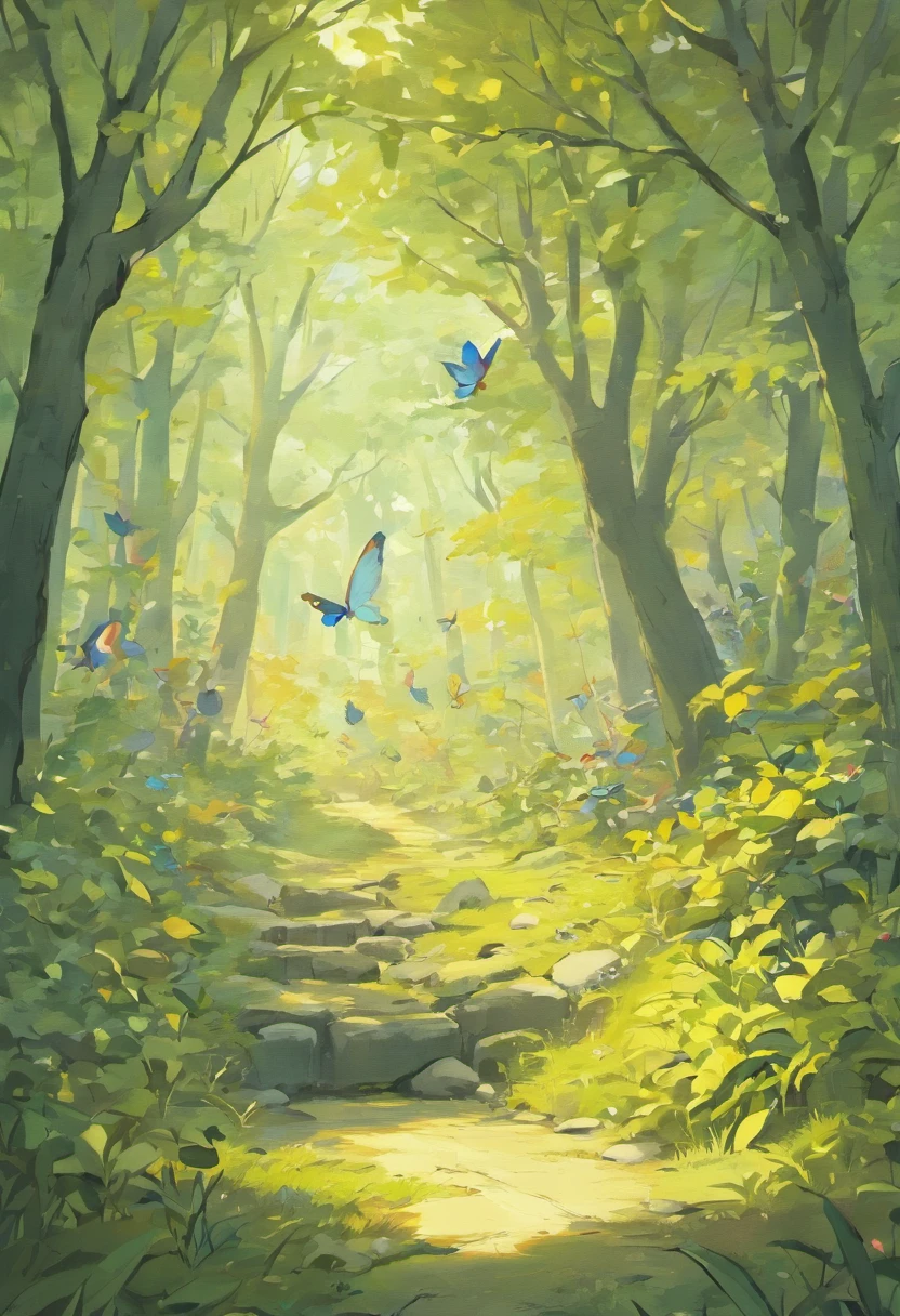 Black and white children's book with coloring strokes, Create a coloring page for a children's book inspired by 'autumn' by Antonio Vivaldi from 'The Four Seasons'. The scene should represent a lush forest with many leafless trees and leaves lying on the ground and animals and birds. In the foreground of the scene, include some adorable animals, like bunnies, butterflies, and birds, all interacting in a friendly way. The image should be appealing and inviting to children, with lots of details to color. Describe the scene in as much detail as possible. White background. no colors in the image, no letters in the image